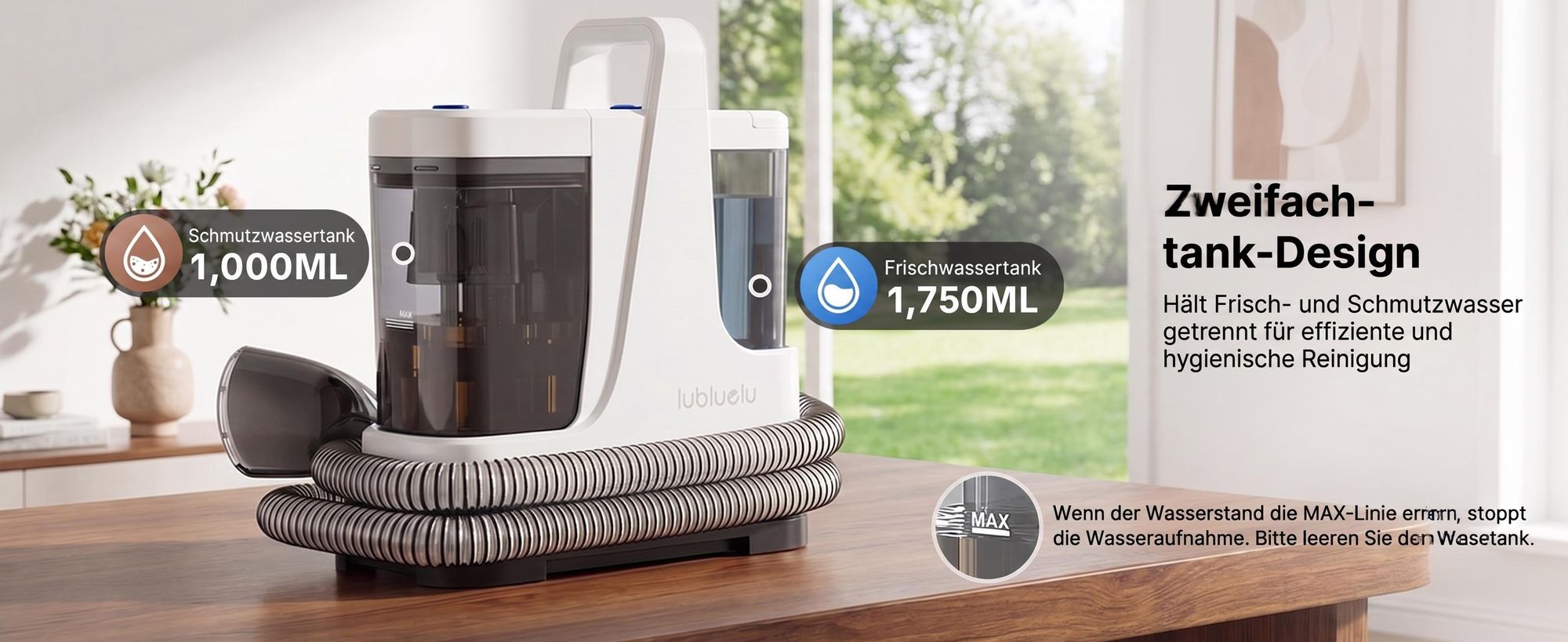 Lubluelu V9 Polsterreinigungsgerät Waschsauger mit Dampffunktion, 60 °C Warmwasser, 16500Pa, 1250W Nasssauger für Sofa Auto Teppiche Selbstreinigung