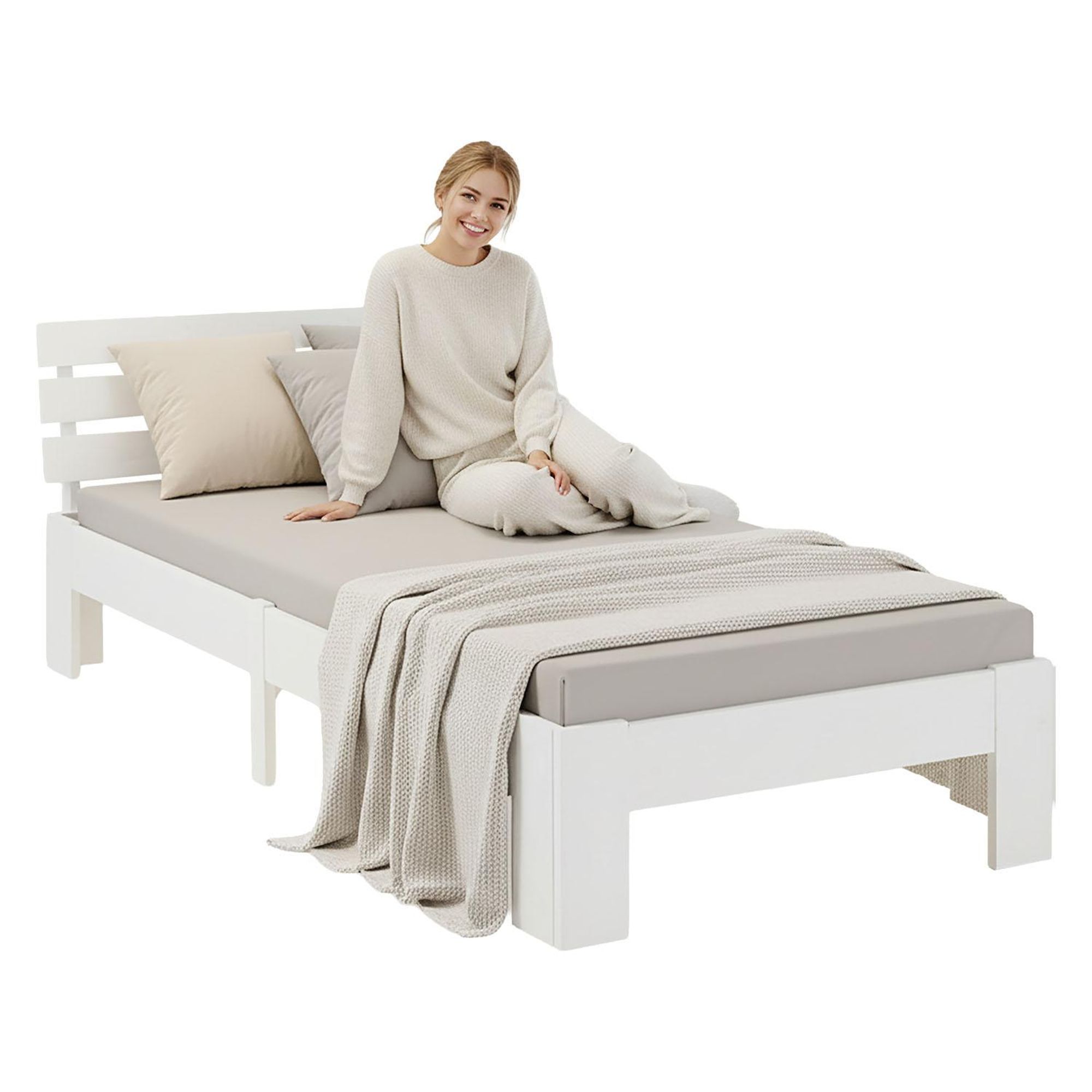 Homestyle4u Massivholzbett 90x200 Kiefer Weiß – Bett mit Matratze mit ® Standard 100 | Einzelbett Jugendbett Kinderbett Gästebett | Homestyle4u
