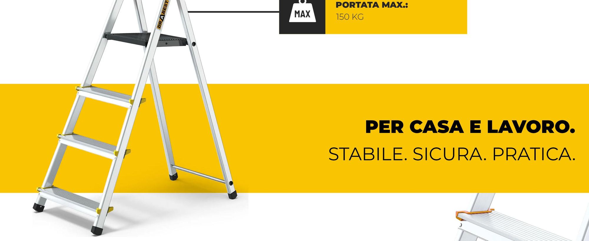 Drabest | Pioli Scala domestica a 4 pioli (150 kg) + ripiano, lunghezza di lavoro 2,75 m