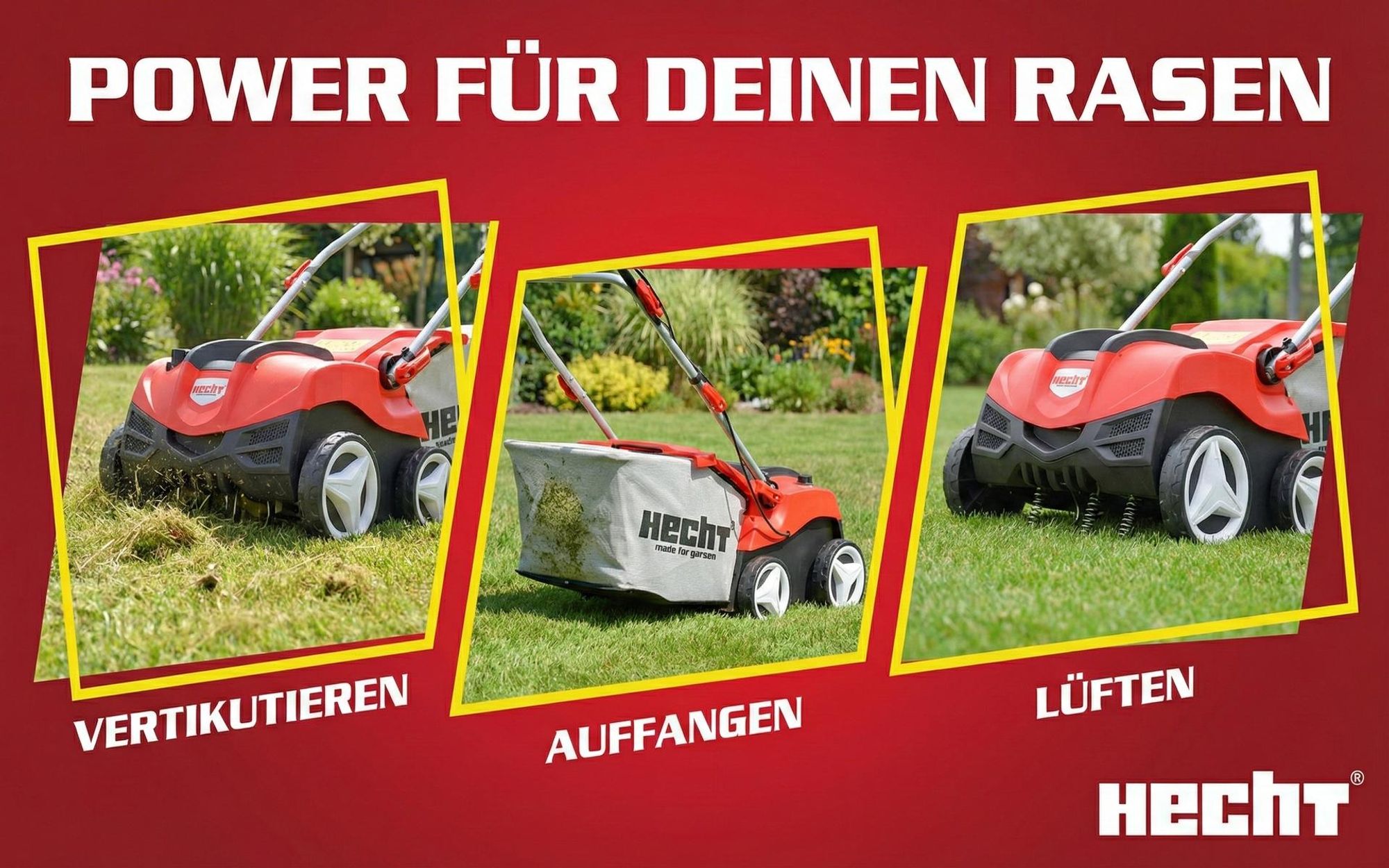 HECHT Vertikutierer Elektro 1999 | 2in1 Rasenlüfter | 36 cm Arbeitsbreite | 2000 W | 45 L Fangkorb | 22 Doppelkrallen | 16 Messer