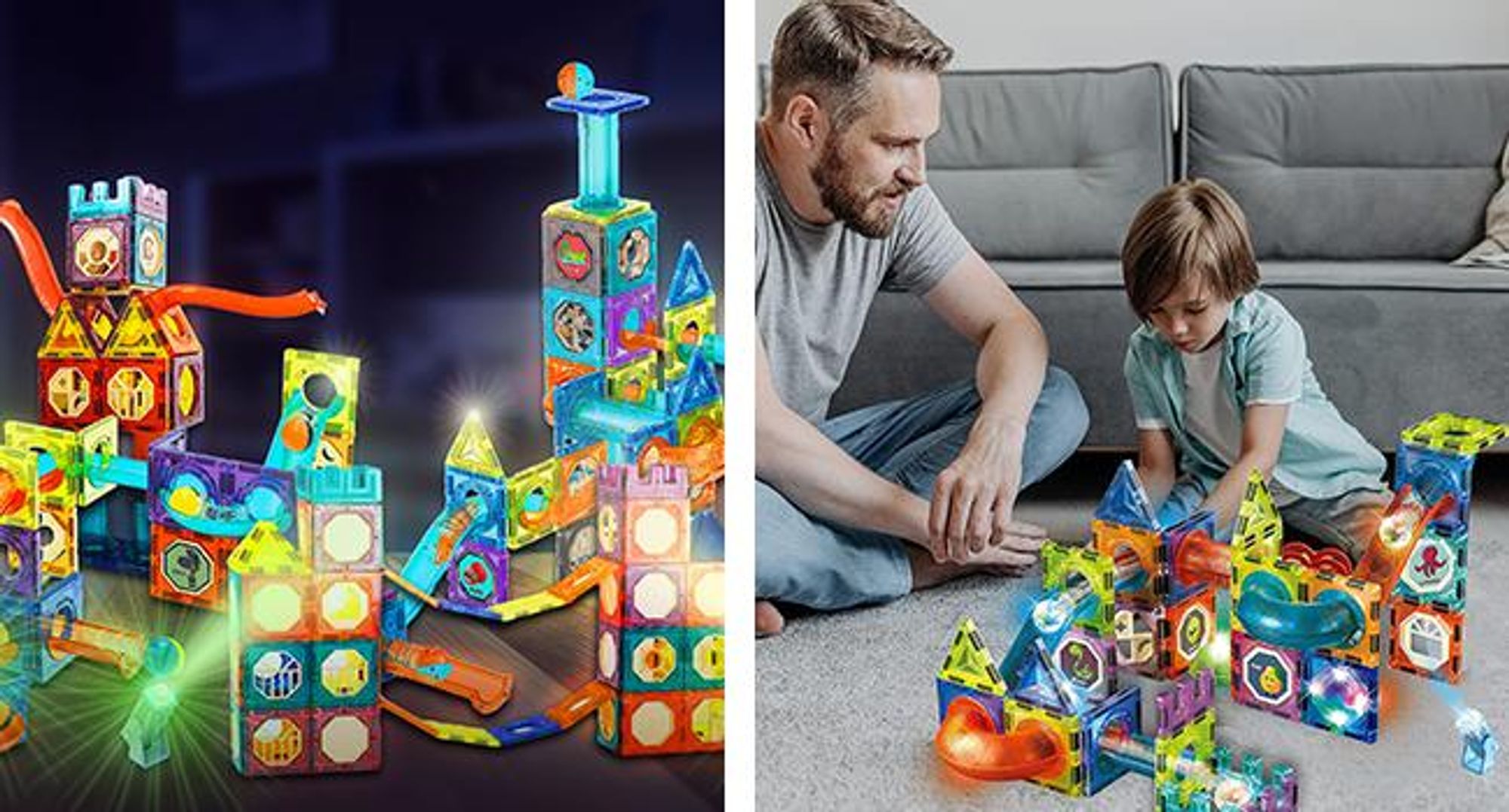 KRUMAD Magnetische Bausteine 75 Teile - Magnetspielzeug mit Licht & Kugelbahn für Kinder ab 3 Jahren - Stabile Magnetkonstruktion, leuchtende Elemente