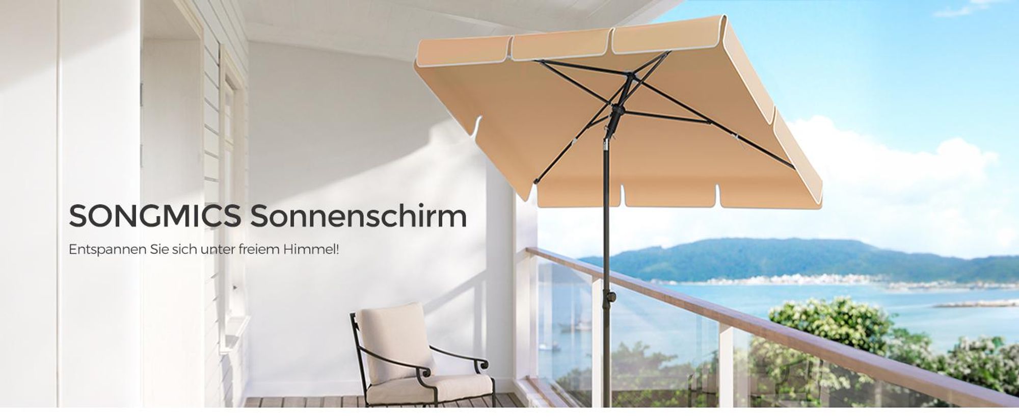 SONGMICS Sonnenschirm 200 x 125 cm UPF 50+ Sonnenschutz