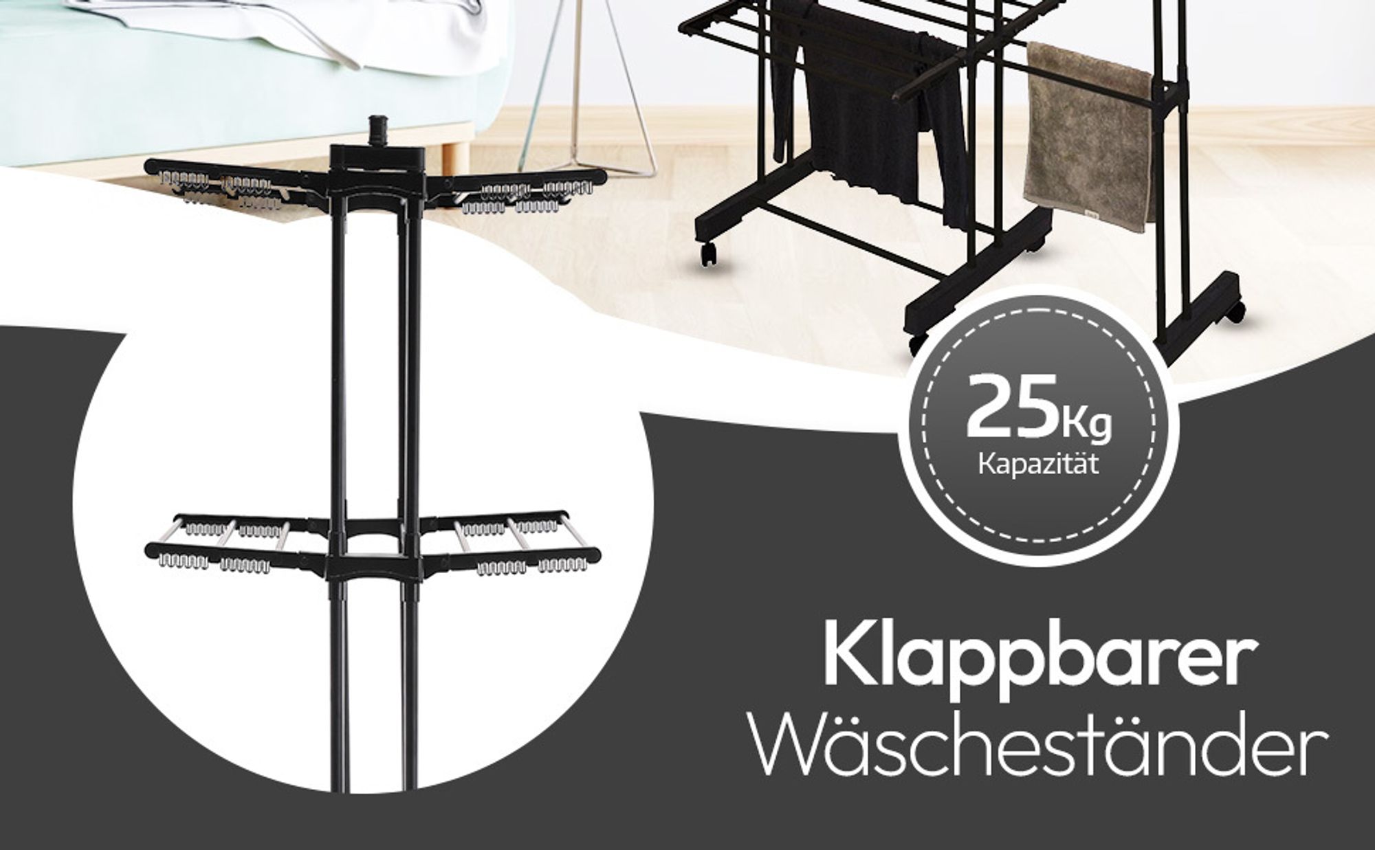 Meisterhome® Klappbarer Wäscheständer Wäscheturm Effizientes Trocknen mit 3 Ebenen, 2 Seitenflügeln - Trockenleinenlänge - Platzsparend, vielseitig und mobil für drinnen und draußen – Schwarz, Länge:25m