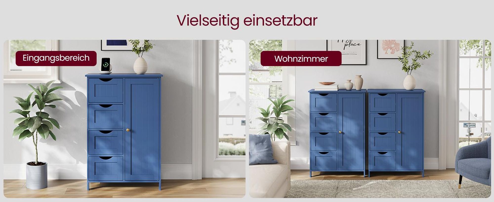 VASAGLE Badschrank, mit 4 Schubladen, Aufbewahrungsschrank, verstellbare Ablage, 30 x 55 x 82 cm, modern, blau