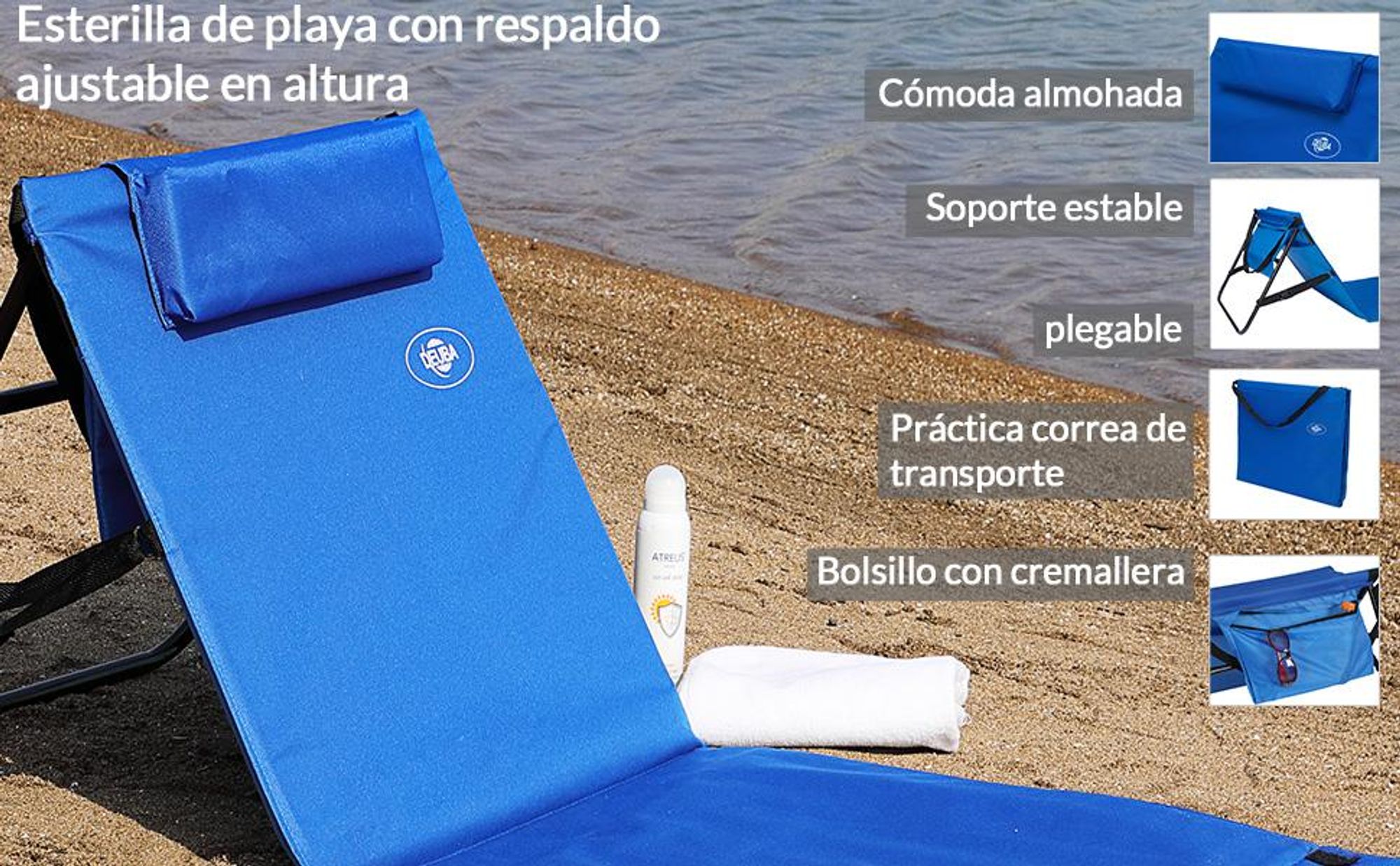 DETEX® Strandmatte gepolstert, mit klappbarer Rückenlehne, Blau