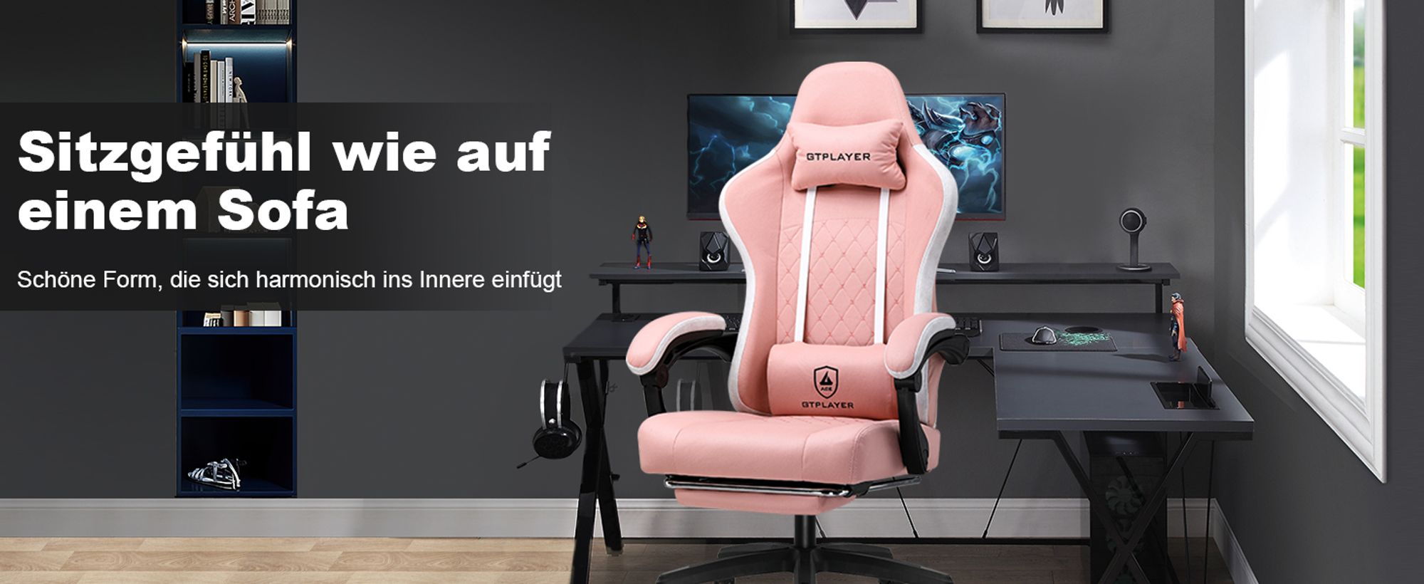 GTPLAYER Gaming Stuhl Ergonomischer Gaming Sessel Schreibtischstuhl PC Gamer Racing Stuhl mit Stoffoberfläche, Federsitzkissen mit Fußstütze pink