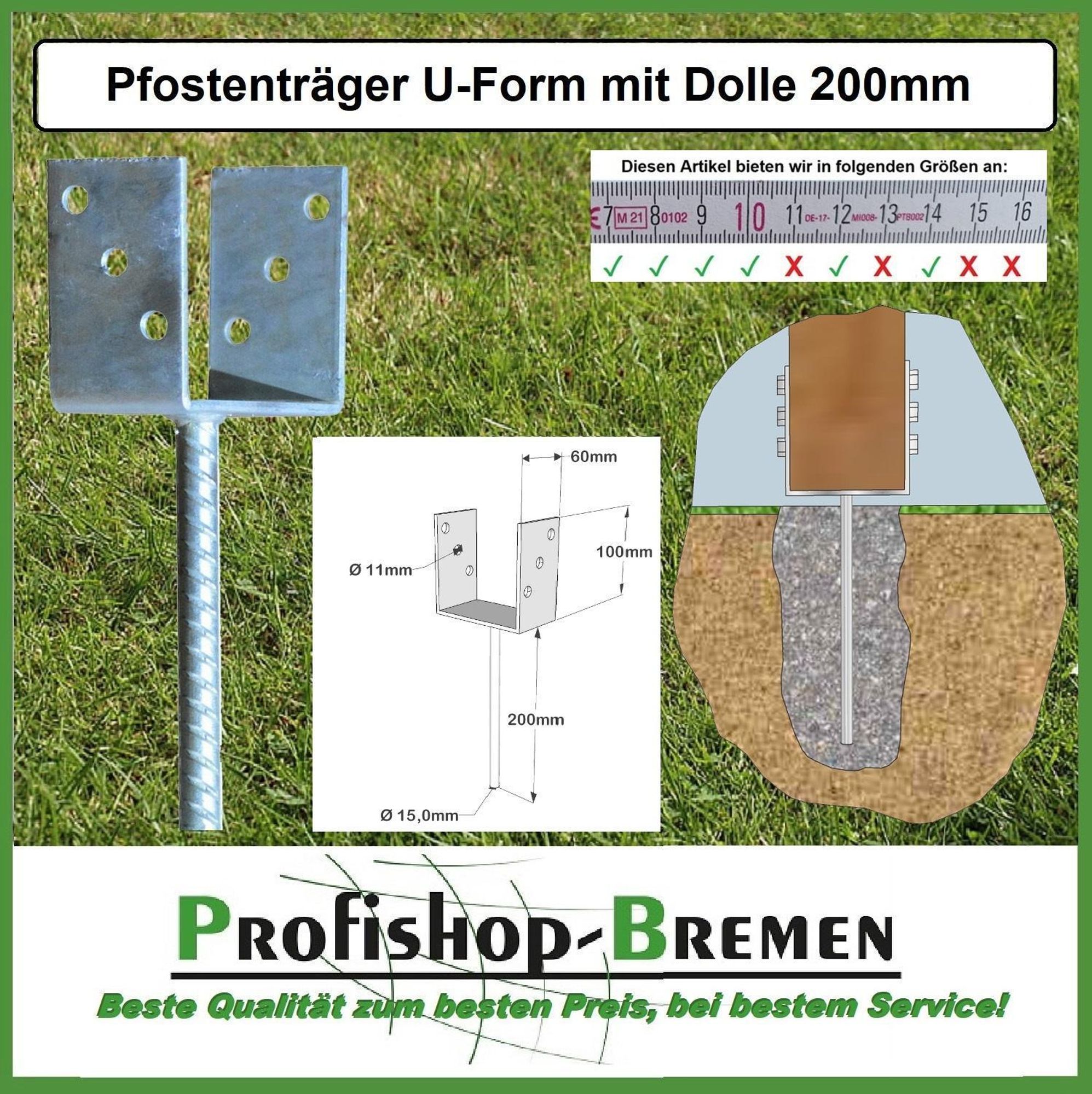 Pfostenträger für Pfosten 140 mm Balkenträger Pfostenschuh U-Gabel mit 200 mm Dolle