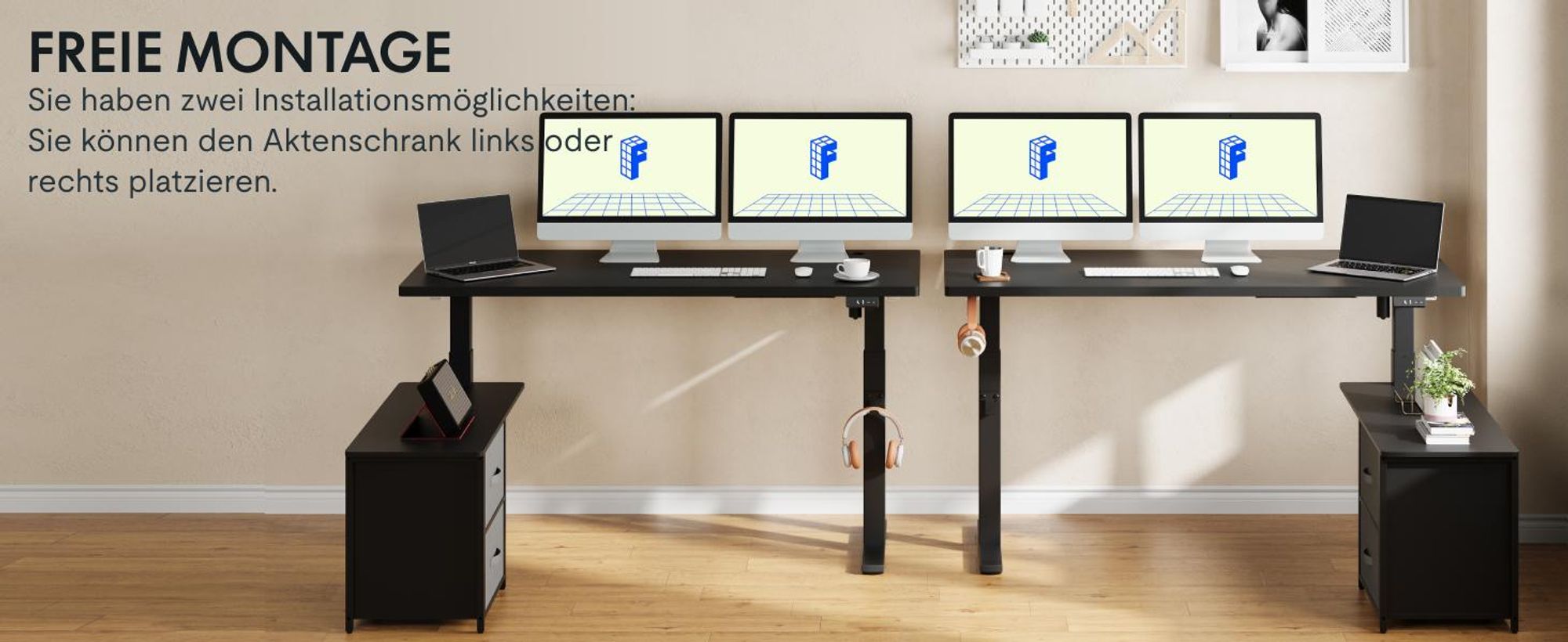 FLEXISPOT Höhenverstellbarer Schreibtisch 160 x 70 cm elektrisch höhenverstellbar L-förmig mit Schubladen&Stauraum umkehrbar Steh-Sitz Tisch Schwarz