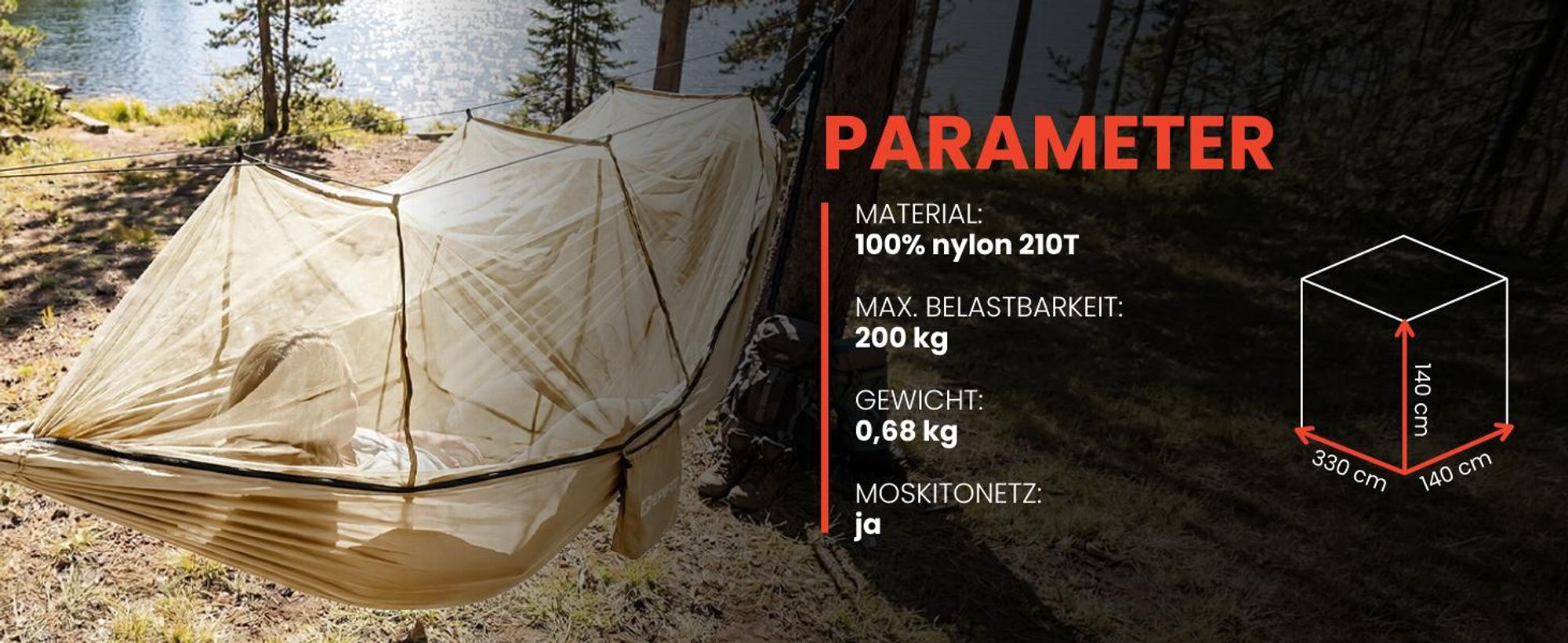 Camping Hängematte mit Moskitonetz 330x140cm Reisehängematte 200kg Sahara Beige