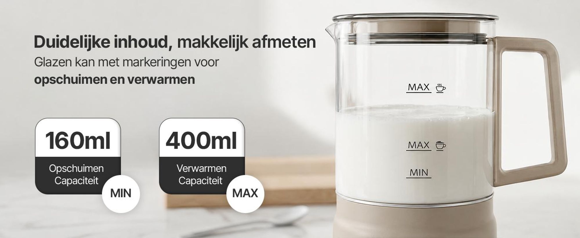 Olvy Elektrische melkschuimer van glas, 4-in-1, 500W, met temperatuurindicator, 160 ml melkschuim, 400 ml verwarmde melk, voor warme en koude melkschuim, beige