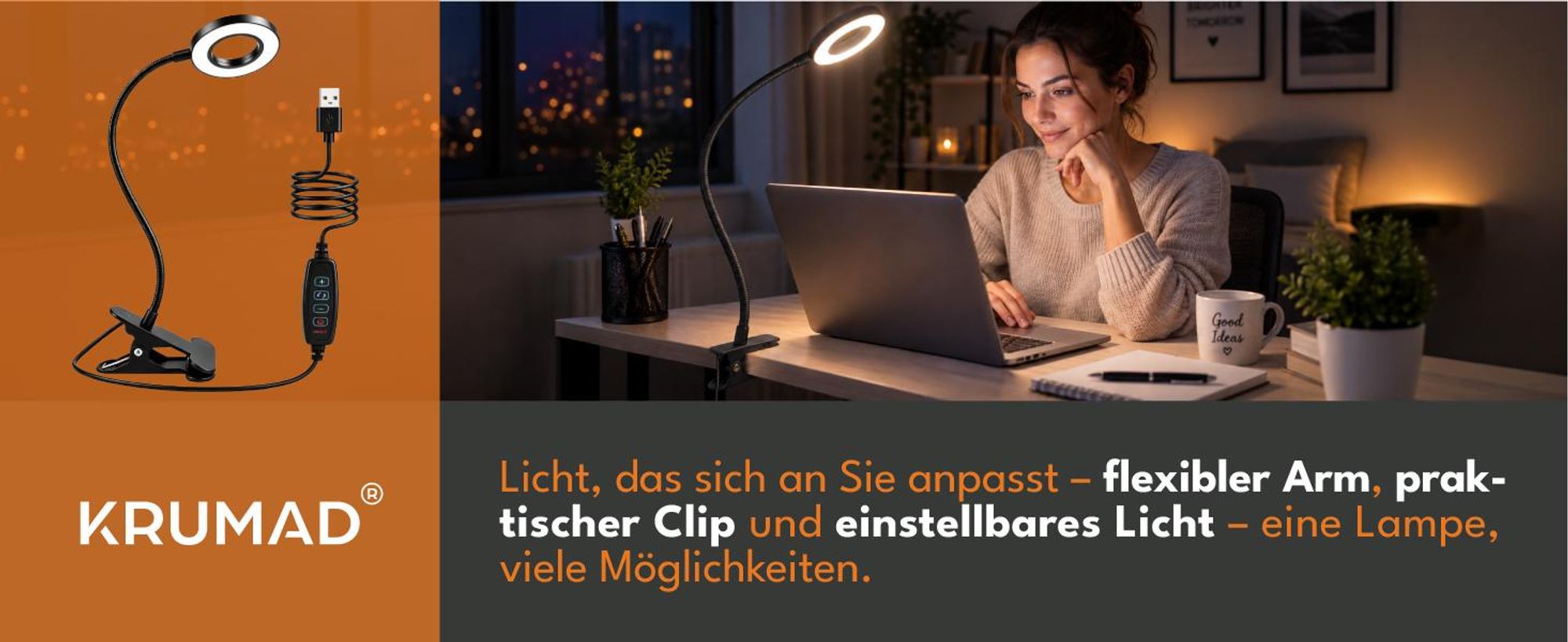 KRUMAD Leselampe, Leselampe mit Klemme, LED Klemmleuchte für Bett und Schreibtisch, 48 LEDs, 3 Lichtmodi, 10 Helligkeitsstufen, USB, Schwarz