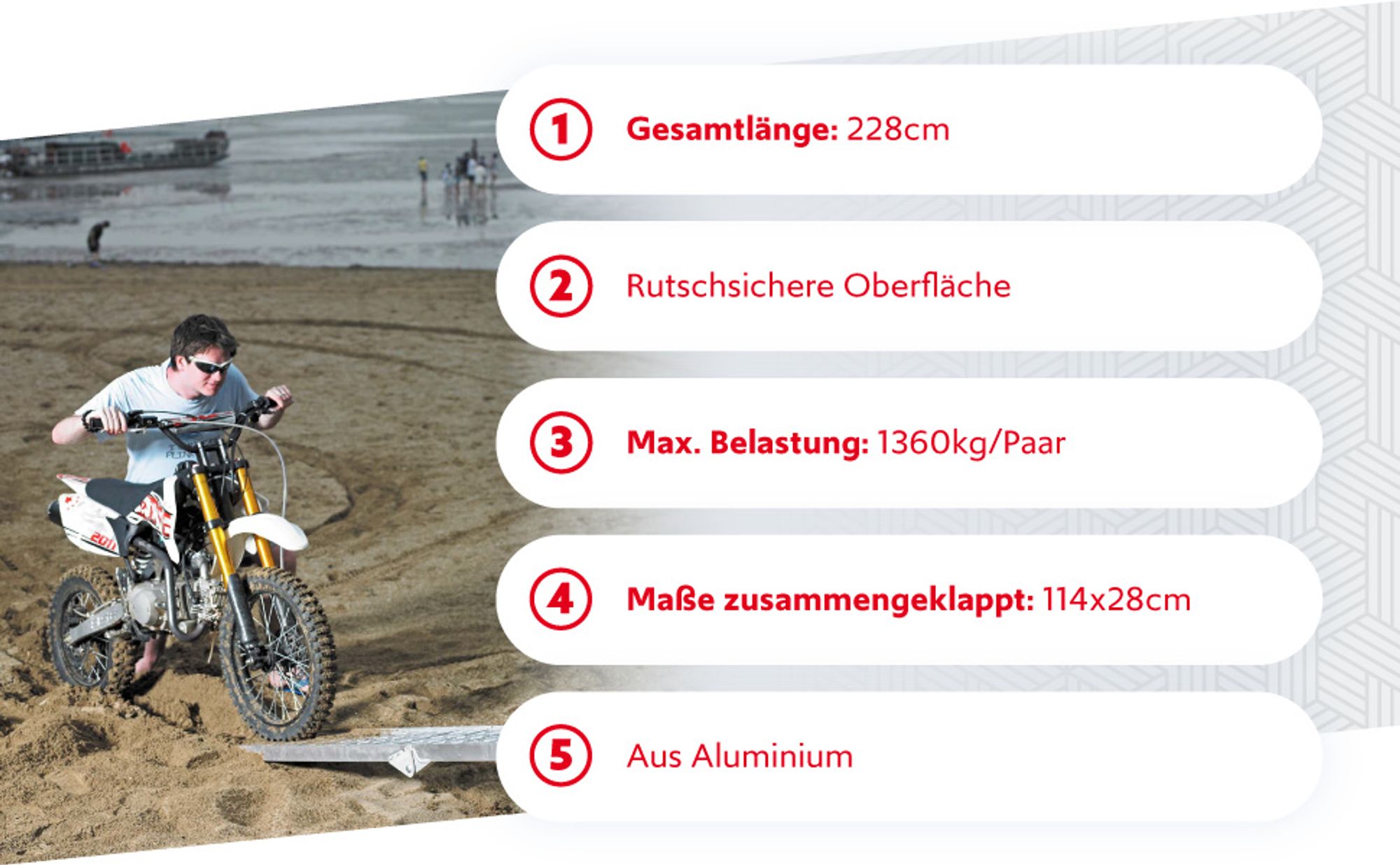 Wiltec 2x Auffahrrampe 228 cm 1360 kg für Quad ATV Motorrad, Aluminium Auffahrschiene faltbar, Verladerampe rutschsicher