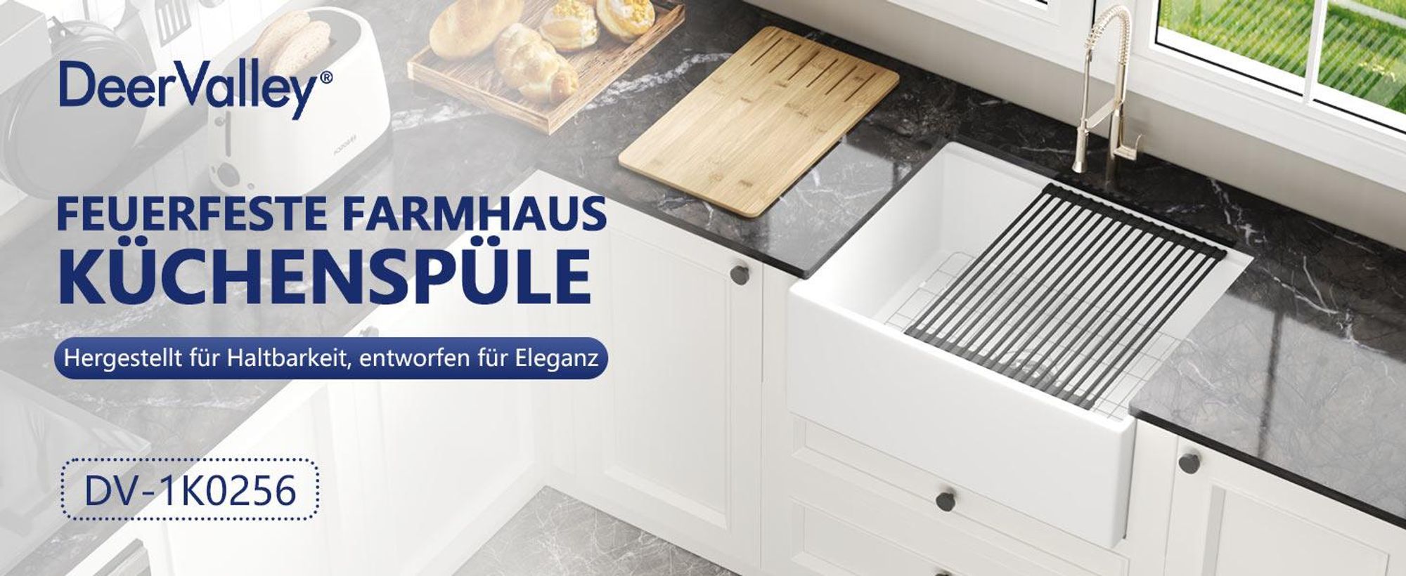 DeerValley Spülbecken DV-1K0256 (61x50,8x25,4 cm) – Umkehrbares Apron-Front Küchenspüle Einbauspüle, Einzelschale, Solides Feuerfestton, Glänzend Weiß