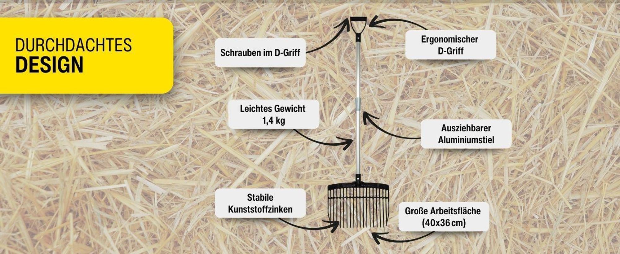 horizont Stallgabel Mistgabel – Schwedengabel mit Kunststoffkopf – höhenverstellbarer Alustiel 75–120 cm – leicht, robust & ergonomisch – Pink