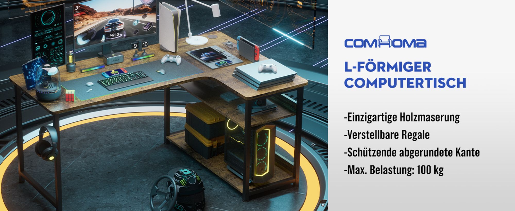 GTPLAYER Eckschreibtisch Schreibtisch Gaming Tisch mit Regal USB-Ladeanschluss und Steckdose (1 Tisch), 120cm Computertisch L Form, PC Tisch für Büro