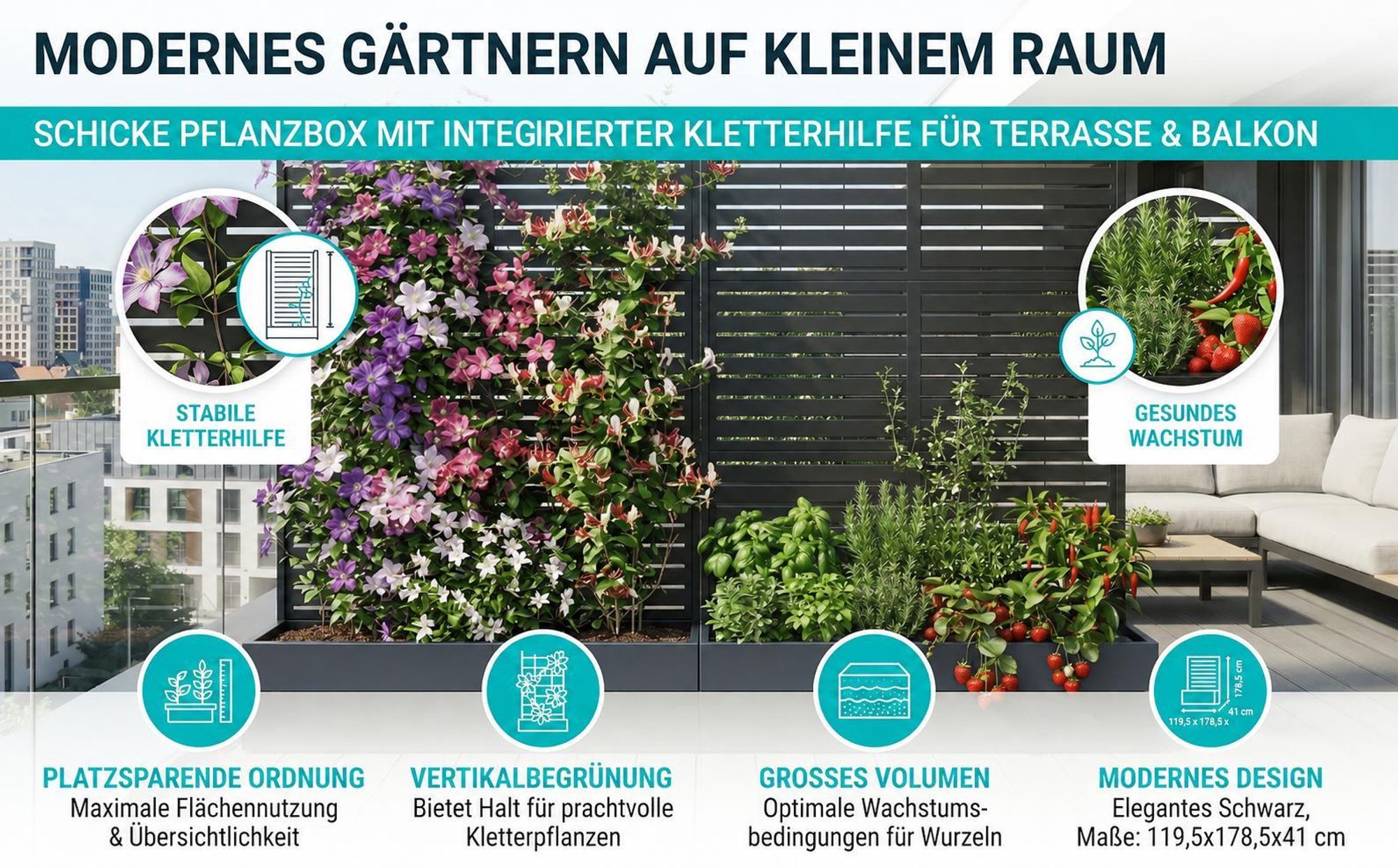 Blumenkasten mit Rankgitter, Hochbeet mit Sichtschutz, Spalier mit Pflanzkästen und Drainagelöchern Gartenspalier aus Metall groß anthrazitfarben