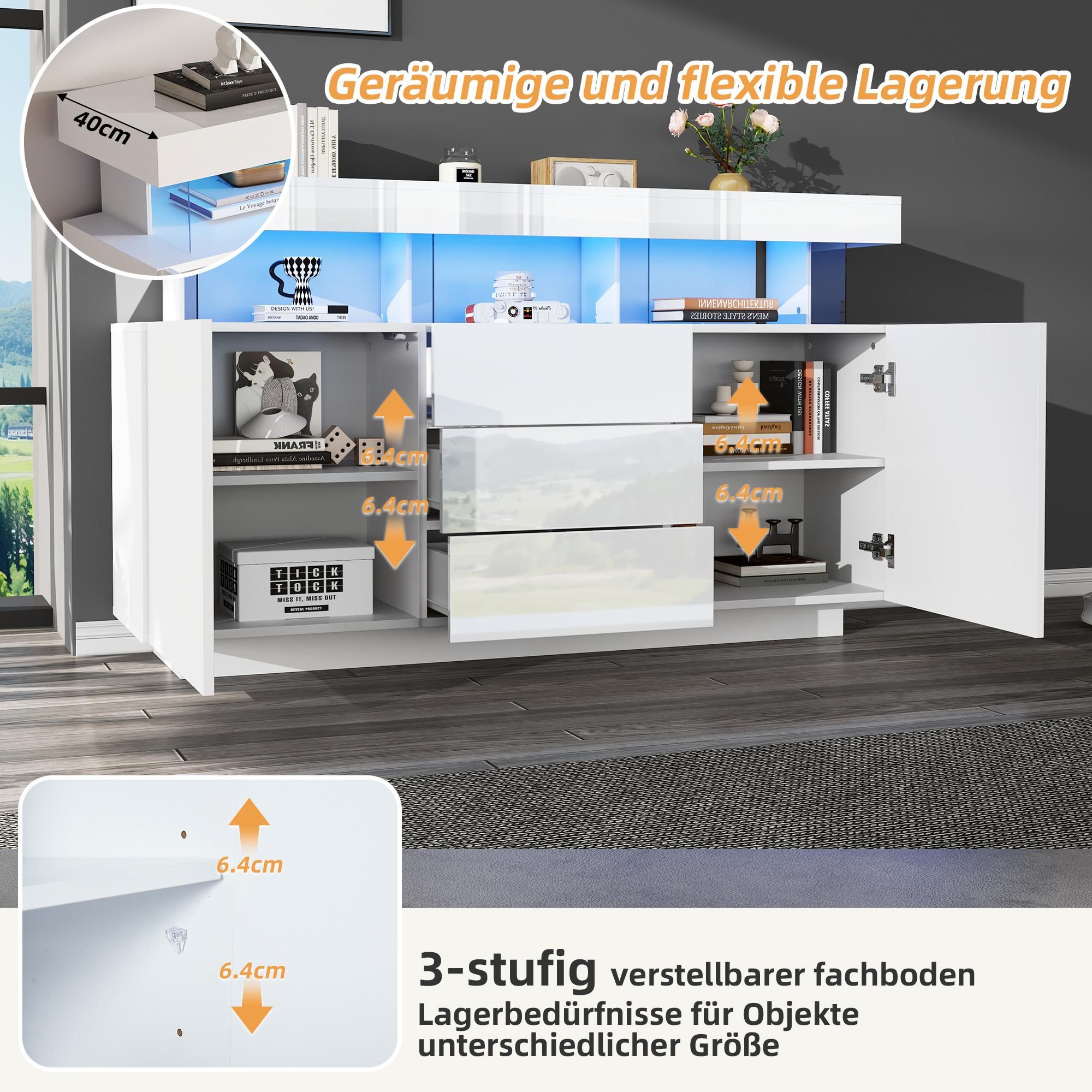 Merax Sideboard Hochglanz Weiß mit LED, Mehrzweckschrank aus Spanplatte und Acryl, Kommode 140x35x80 cm mit 3 Schubladen und 2 Türen, Schrank Vitrine