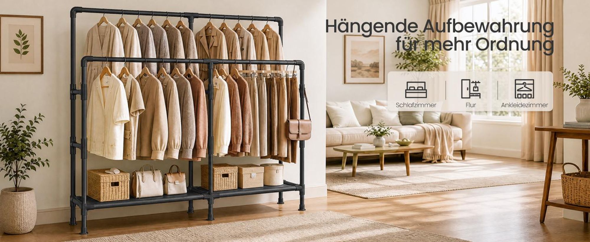 SONGMICS Kleiderständer mit Doppelstange und 2 Ablagen, Belastbar bis 100 kg, 163 x 45 x 156 cm, Schwarz
