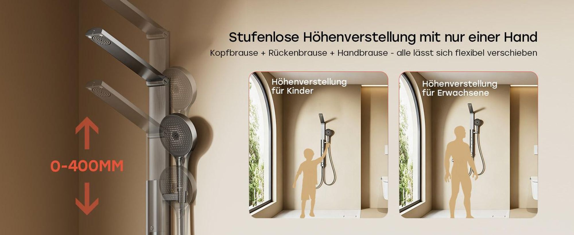 HOROW RainFlexi S1 Regendusche Set Massage ohne Armatur, Grau Duschpaneel mit Großem Duschkopf, Klappbares Duschsystem, Höhenverstellbares Duschset