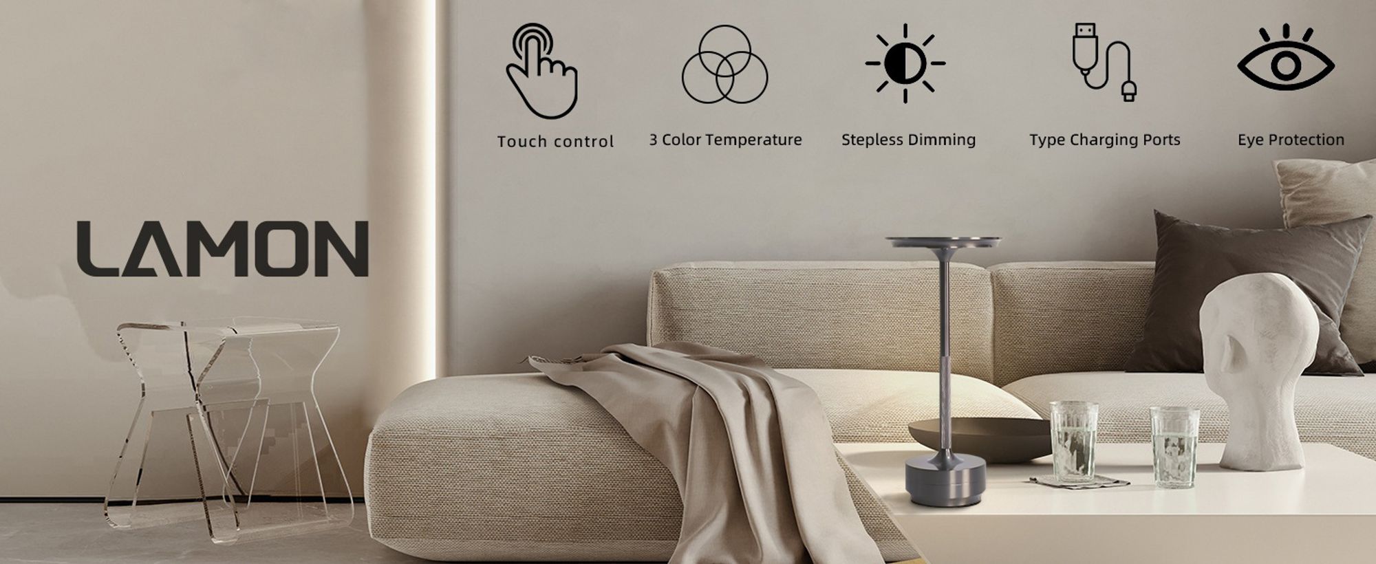 Kabellose Dimmbare LED Akku Tischleuchte Touch Tischlampe Lampe Wohnzimmer Nachttischlampen Dreifarbiges Licht silbergrau