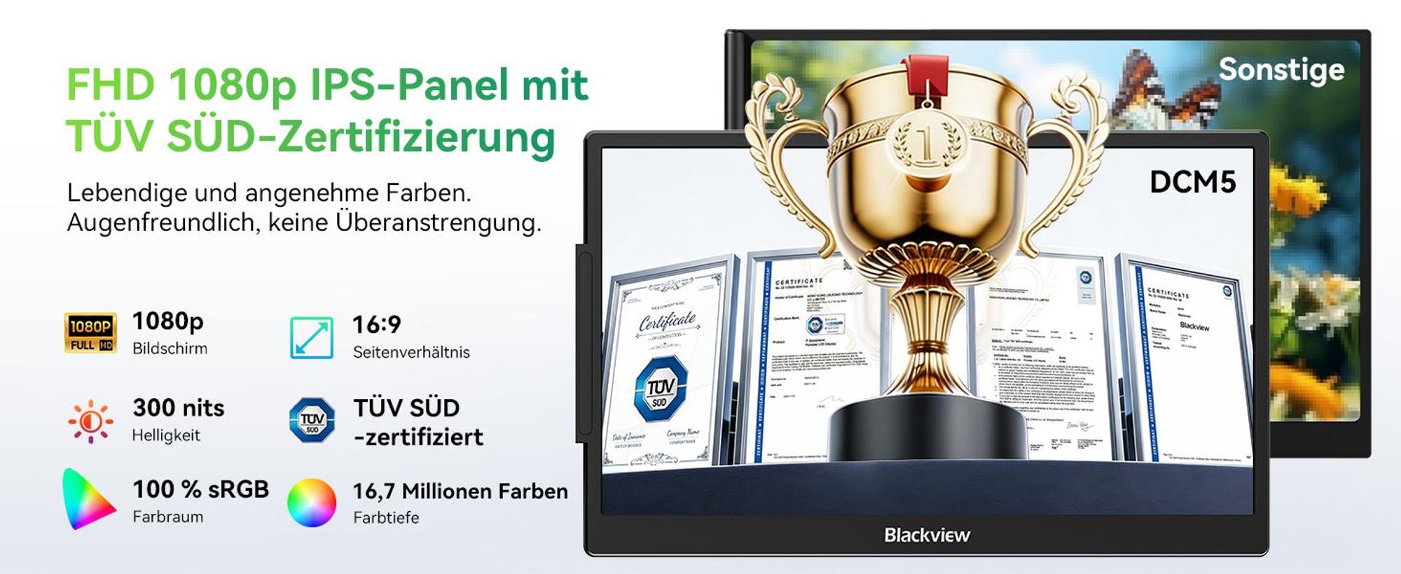 Blackview DCM5 mit Lautsprecher 14" tragbarer monitor, 300 Nits, 100W PD, USB-C HDMI Plug und Play für Laptop/PC/Switch/PS5/MacOS/Windows/Android