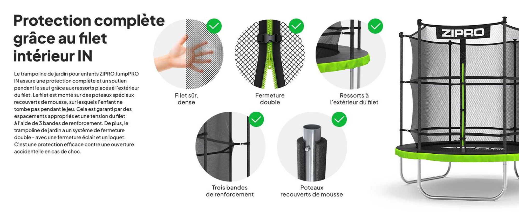 Trampoline ZIPRO Jump Pro IN | 6 pieds (Ø 183 cm) | Trampoline de jardin pour enfants, kit complet comprenant un filet de sécurité, une housse de protection, pour l'extérieur, vert
