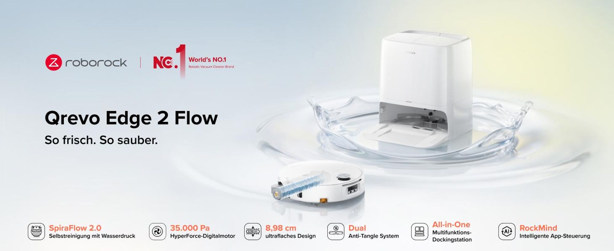 Roborock Qrevo Edge 2 Flow Saugroboter mit Wischwalze, 35.000 Pa Saugkraft, Selbstreinigung mit Wasserdruck, Dual Anti-Tangle, 8,98 cm ultraflach