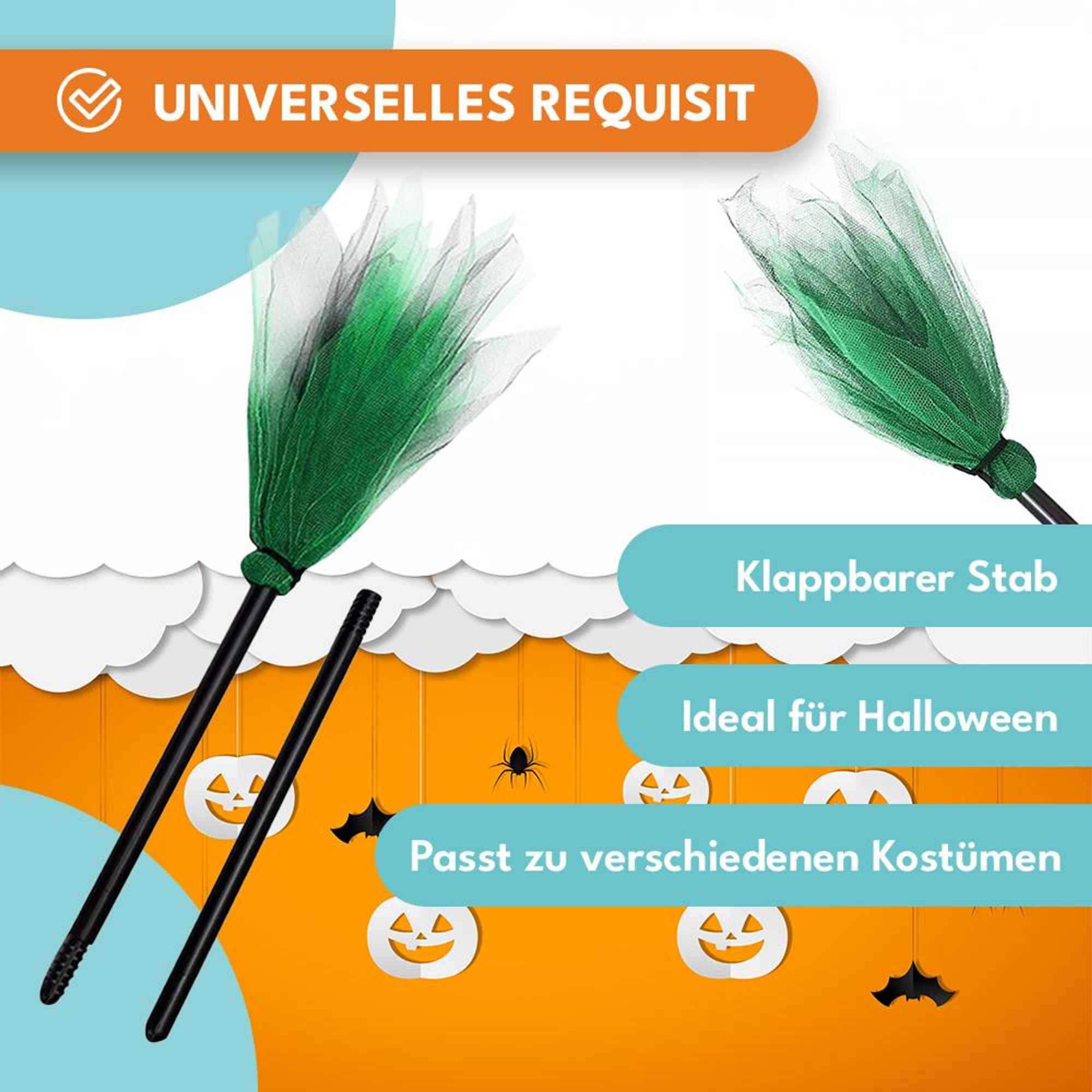 KRUMAD Hexenbesen Grün 87 cm – zusammenklappbar, leicht & stabil, Kostüm Zubehör für Kinder & Erwachsene, Halloween & Karneval