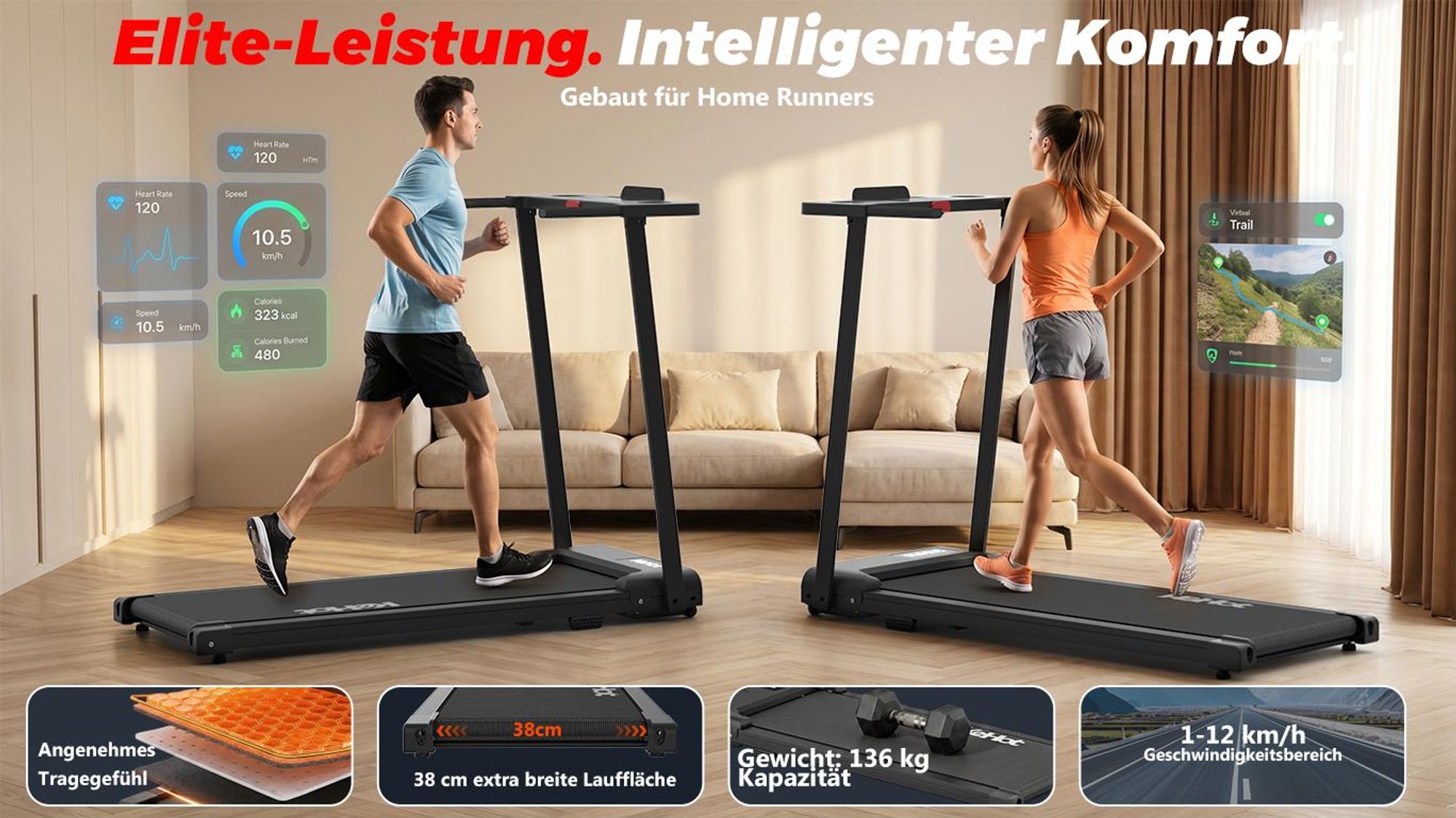 Kompaktes 3-in-1 Klapp-Laufband Für Zuhause, 2,5 PS Motor, 1–12 km/h, LED-Display, 12 Programme, Bluetooth-Lautsprecher, Walking Pad Für Zuhause