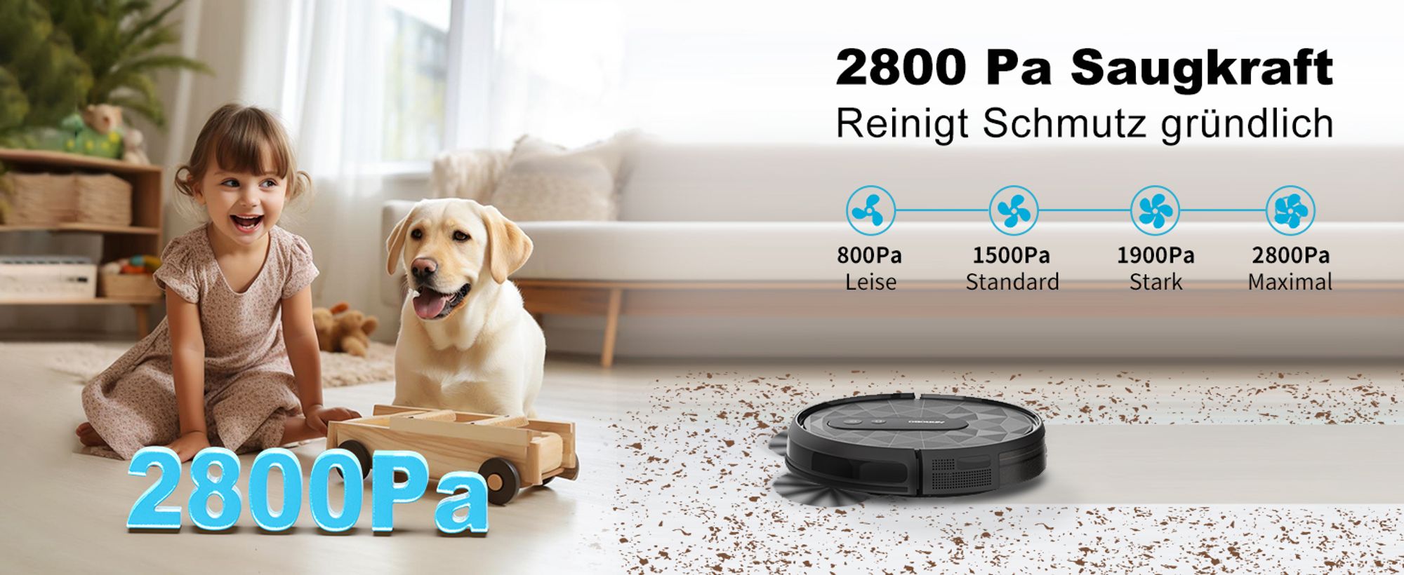 AIRROBO P20 Staubsauger Roboter 2800 Pa Starke Saugleistung Leiser Roboter-Staubsauger, Steuerung mit App/WiFi, 120 Minuten Laufzeit
