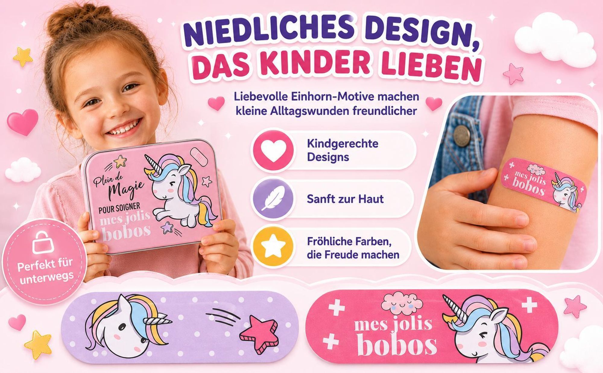 Unicorn Kinderpflaster Lizensiertes Produkt - Metall-Box - 24 Pflaster - Schönes Design Pflaster Aufbewahrungsbox für Kinder - 1 Box