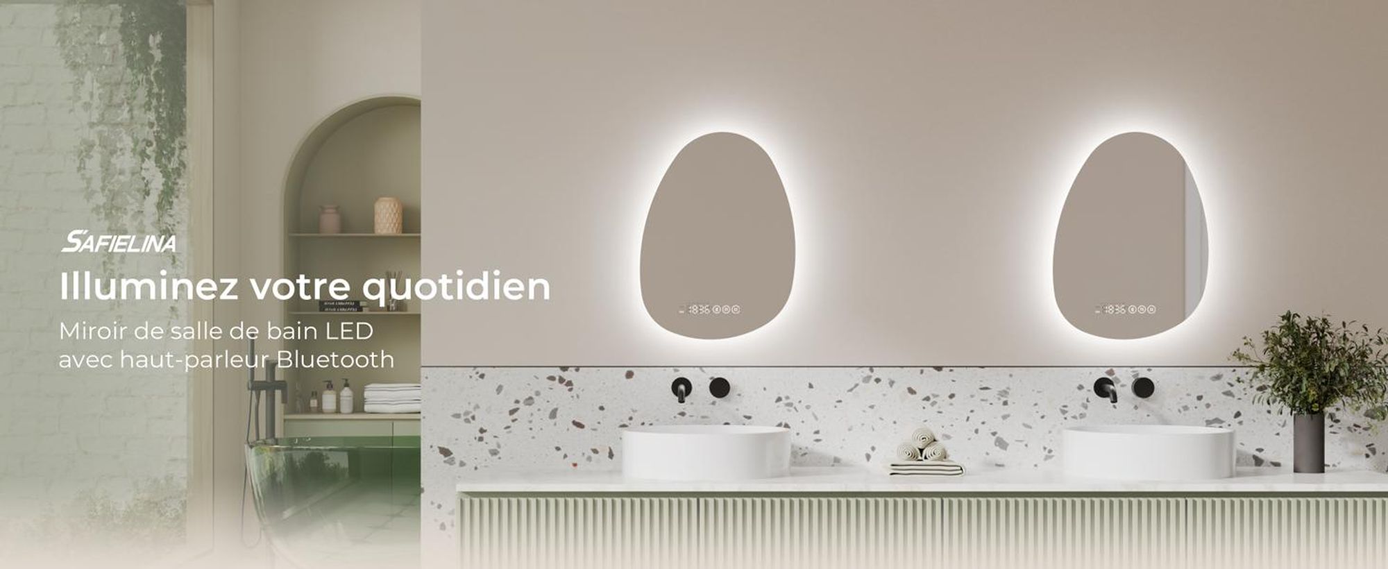 S'AFIELINA Miroir de salle de bain avec éclairage Asymétrique 60 x 45 cm avec 3 couleurs de lumière réglable, antibuée, Bluetooth, horloge, température, fonction mémoire