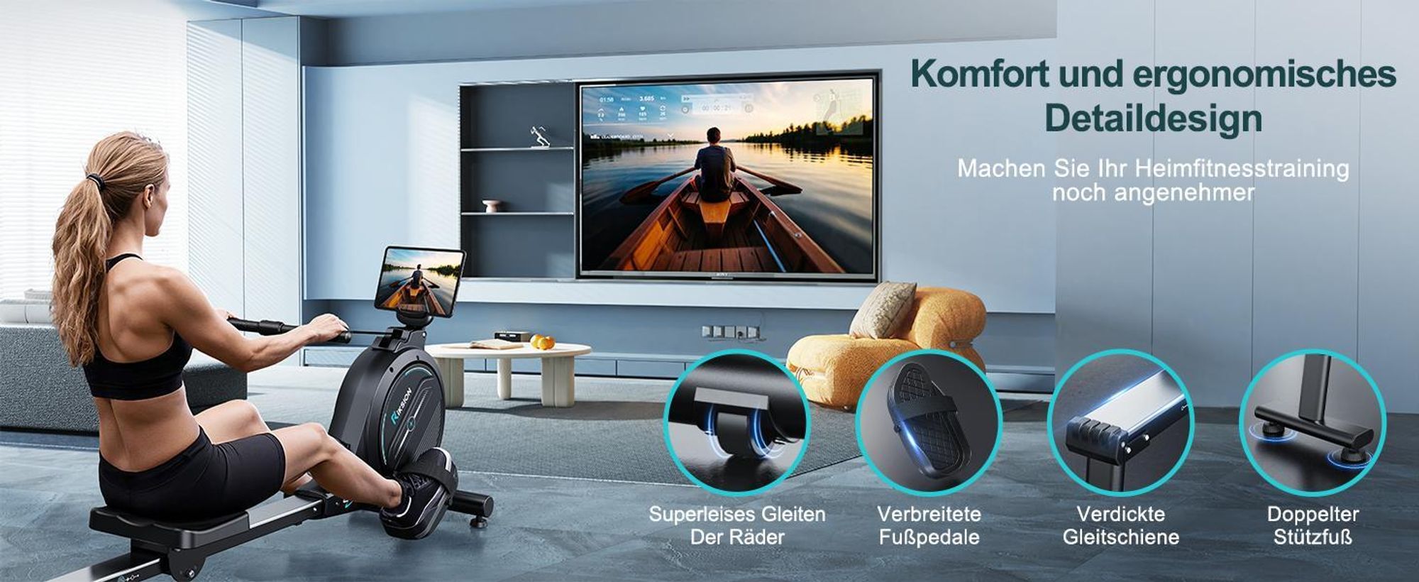 Riksion Rudergerät für Zuhause mit Magnet-Fitnesstrainer, APP & LCD, Rudergerät 16 Stufen Widerstand, Indoor-Gerät für das Home-Gym, 160 kg Kapazität