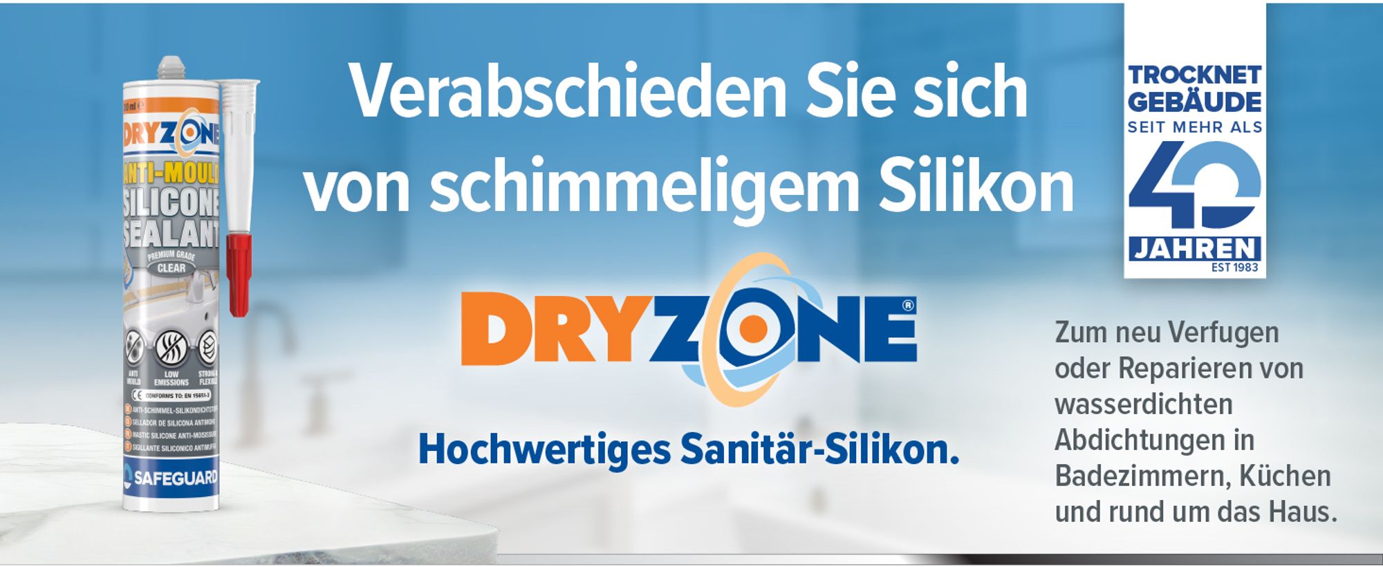 Dryzone Schimmelresistentes Sanitär Silikon (310 ml, Transparent) – Langlebiges wasserfestes Silikon, geringer VOC-Gehalt, ideal für Bad