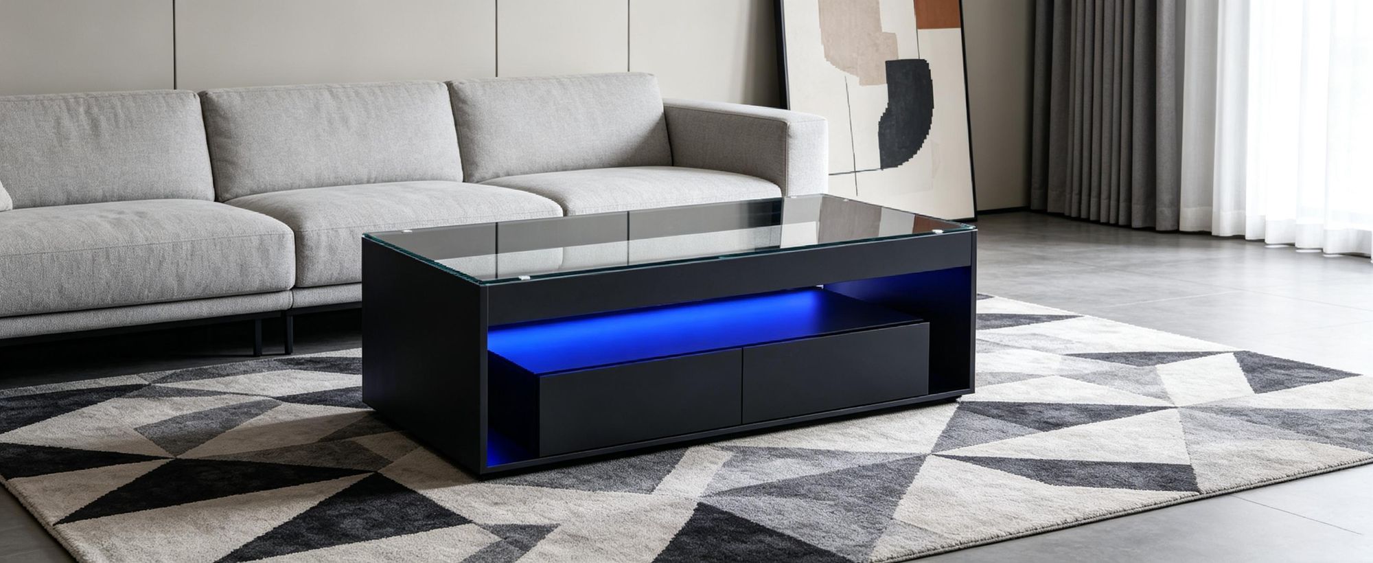 Moderner Couchtisch mit LED-Beleuchtung, 2 Schubladen und Hochglanz in Schwarz