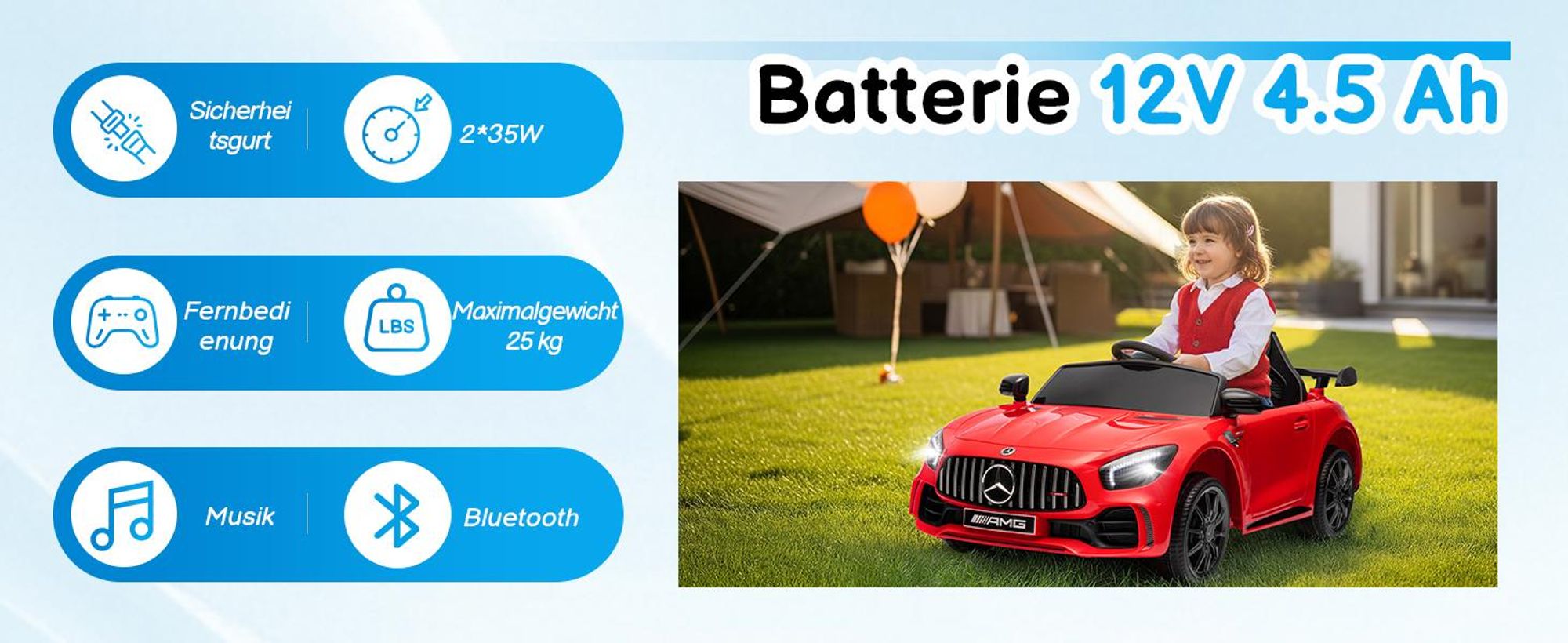 Elektroauto Kinderauto Mercedes Gtr, mit 2,4G Fernbedienung, LED Scheinwerfer, MP3, Hupe und Musik, Rot
