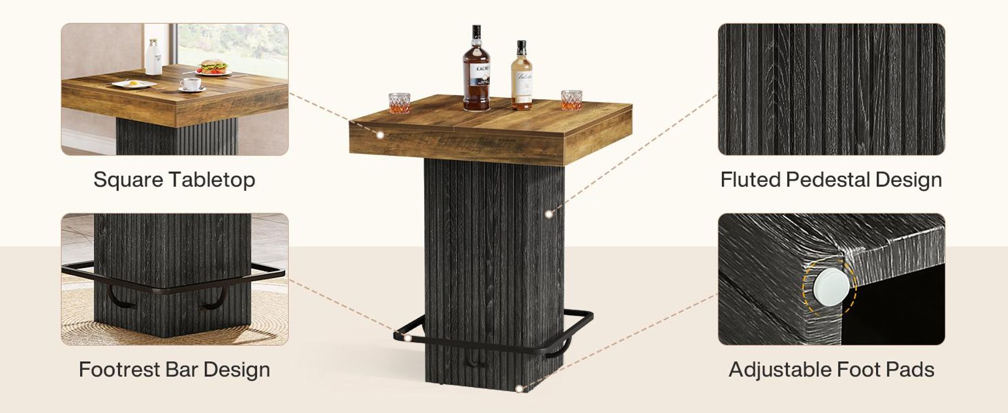 Tribesigns Quadratischer Bartisch, Küchen-Esstisch, industrieller Cocktailtisch mit Metall-Fußstütze für Esszimmer, Taverne, Kaffee-Ecke, Bistro