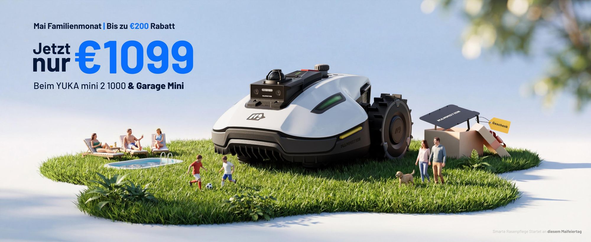 Mähroboter Mammotion YUKA Mini 2 1000 mit Garage, Waschständer, bis 1000 m², DropMow, Auto-Kartierung, Kantenschneiden, APP