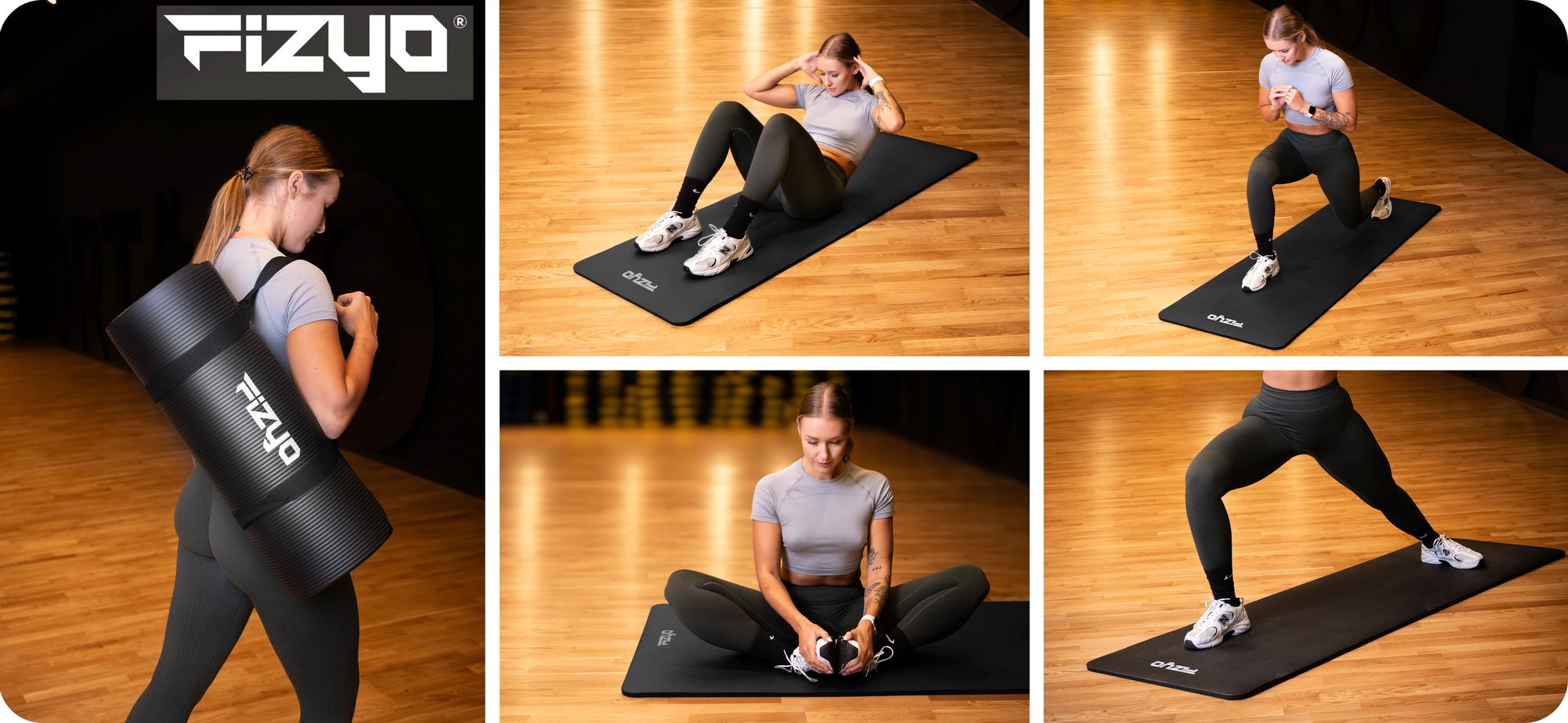 Osoba cvičiaca na gymnastickej podložke NBR značky Fizyo, pozície jogy, pilatesu, gymnastické