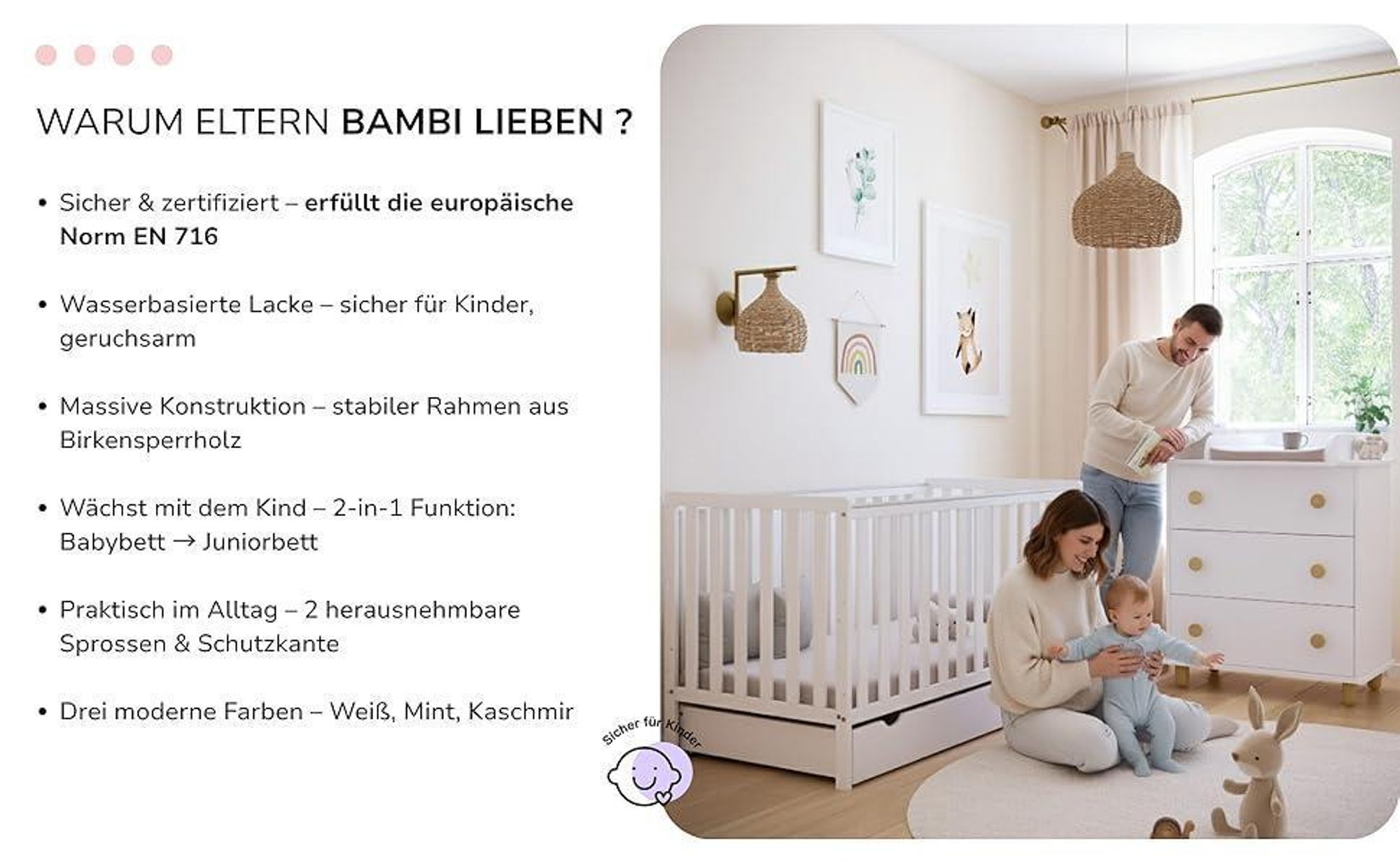 ZEE BAMBI Kaschmir Beistellbett Baby mit Rollen 120x60 cm Tragbar Babybett Verstellbarer Stubenwagen Kinder Bett 3-fach Höhenverstellbar
