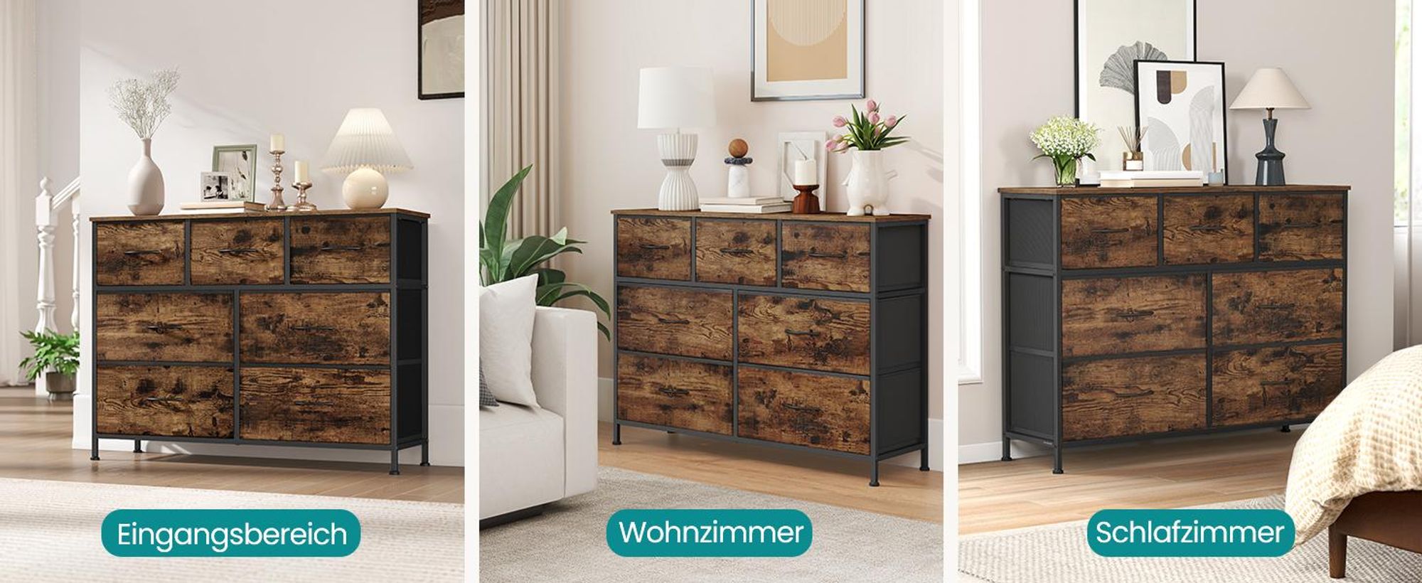 SONGMICS Kommode, Schrank, 7 Stoffschubladen, für Schlafzimmer, Flur, Wohnzimmer, braun-schwarz