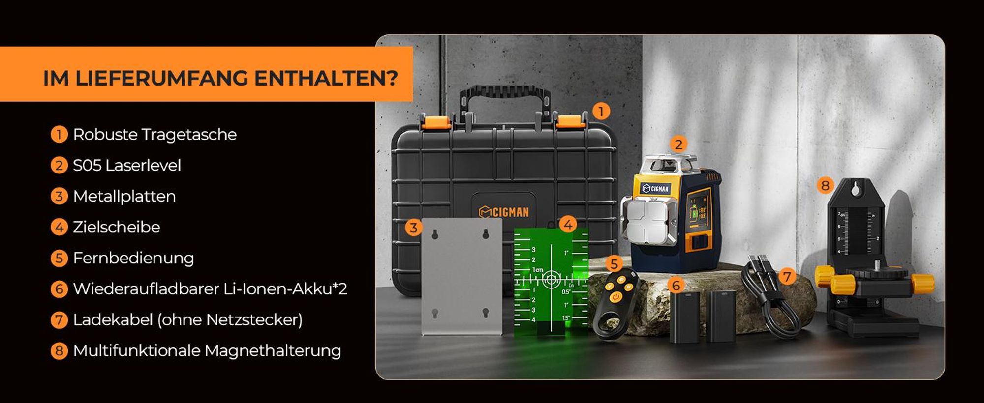 CIGMAN CM-S05 Kreuzlinienlaser 3x360 Grad, Gestensteuerung, App-Anbindung, LCD-Display