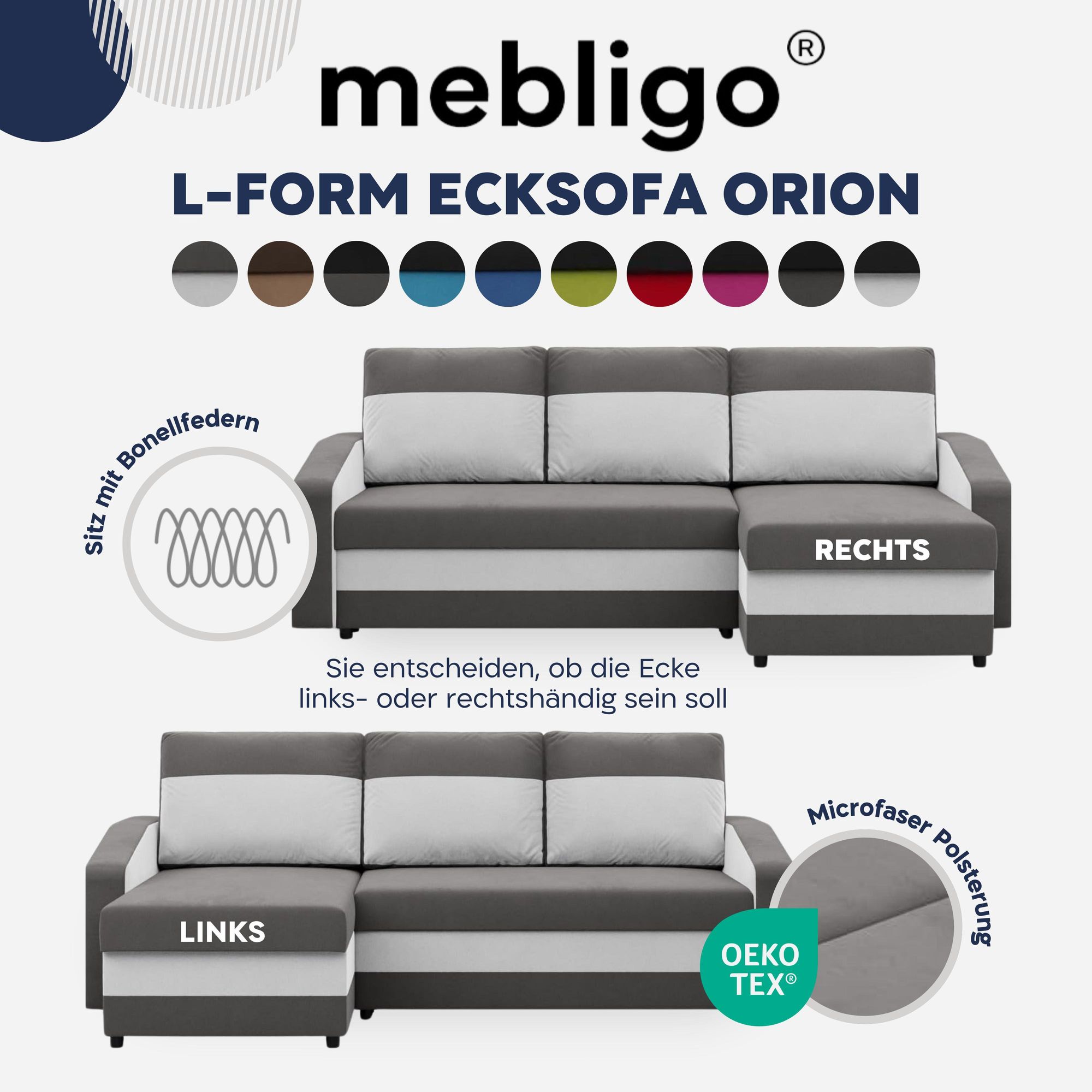 Ecksofa ORION mit Schlaffunktion und 2 Bettkästen, Schlafsofa L-Form, universal montierbar (links/rechts), Polsterecke Stoff Schwarz / Grau