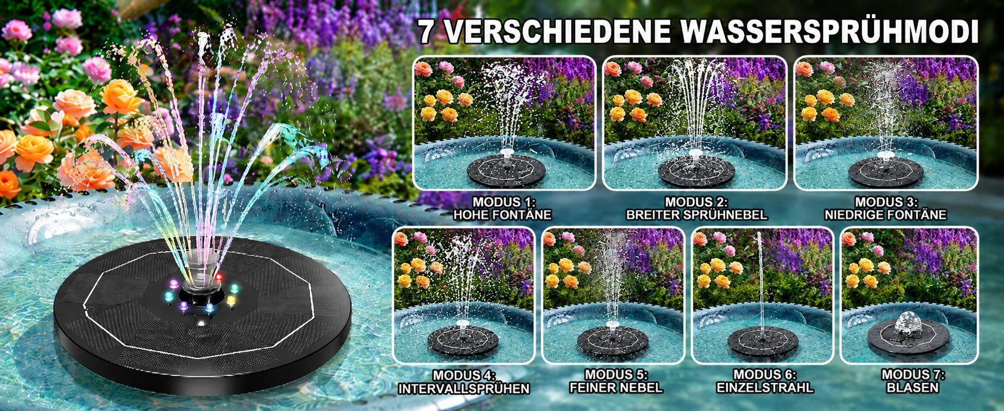 LED Solar Springbrunnen, Solar Teichpumpe mit Solar Panel, Solar Teichpumpe Wasserpumpe Solar Schwimmender Fontäne Pumpe für Garten, Vogel-Bad