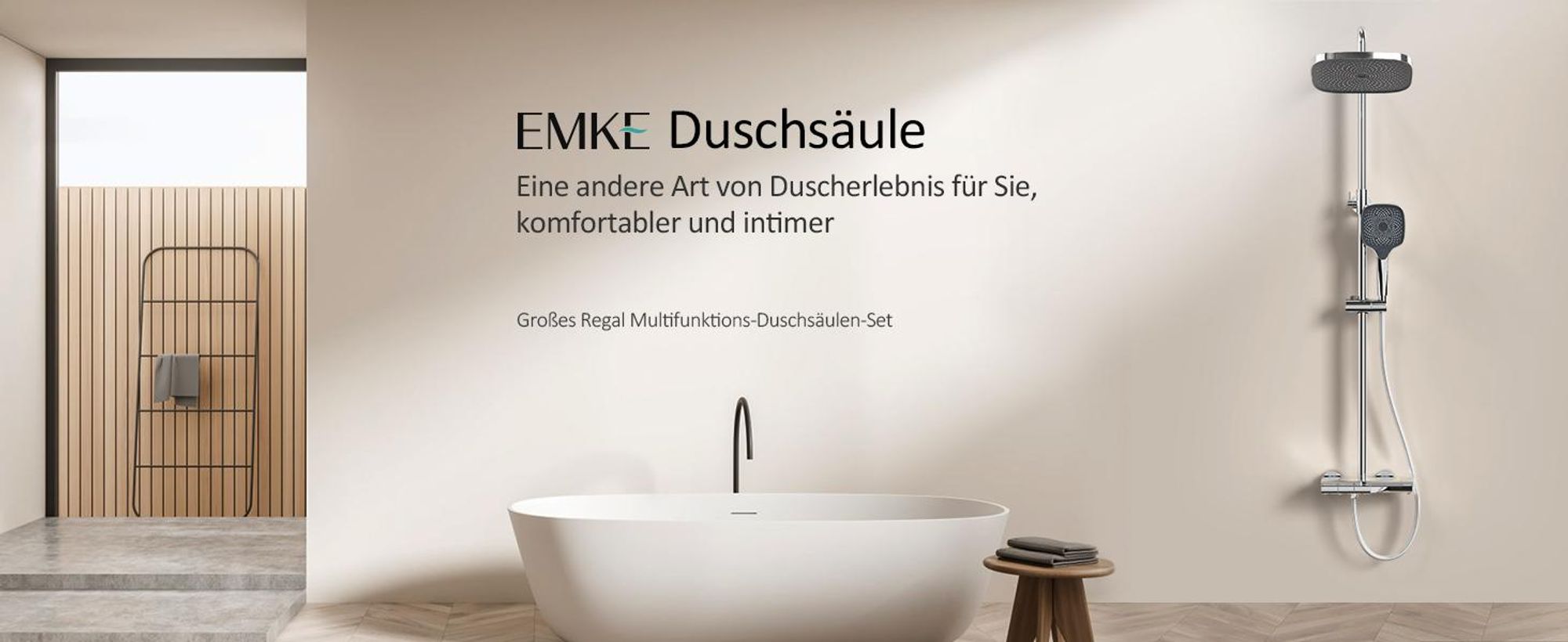EMKE Duschsystem mit Thermostat, 36x24mm Regenduschkopf, Handbrause mit 3 Strahlstärken Regendusche mit Glasablage, Bad- & Duscharmaturen, KTW, Chrom