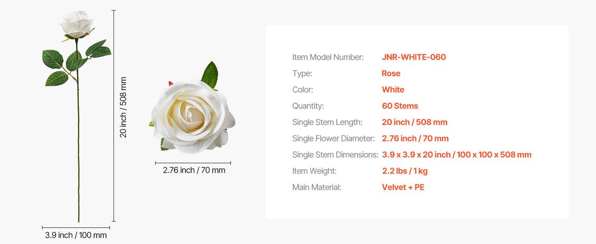 VEVOR Kunstblumen, 500 Stück Realistisch Aussehende Rote Schaumstoff Fake Rosen Großpackung, Künstliche Rote Brautdusche mit Stielen für DIY Hochzeitssträuße, Heim-Centerpieces Arrangements, Partytischdekorationen, 60 Stück, Weiß-a