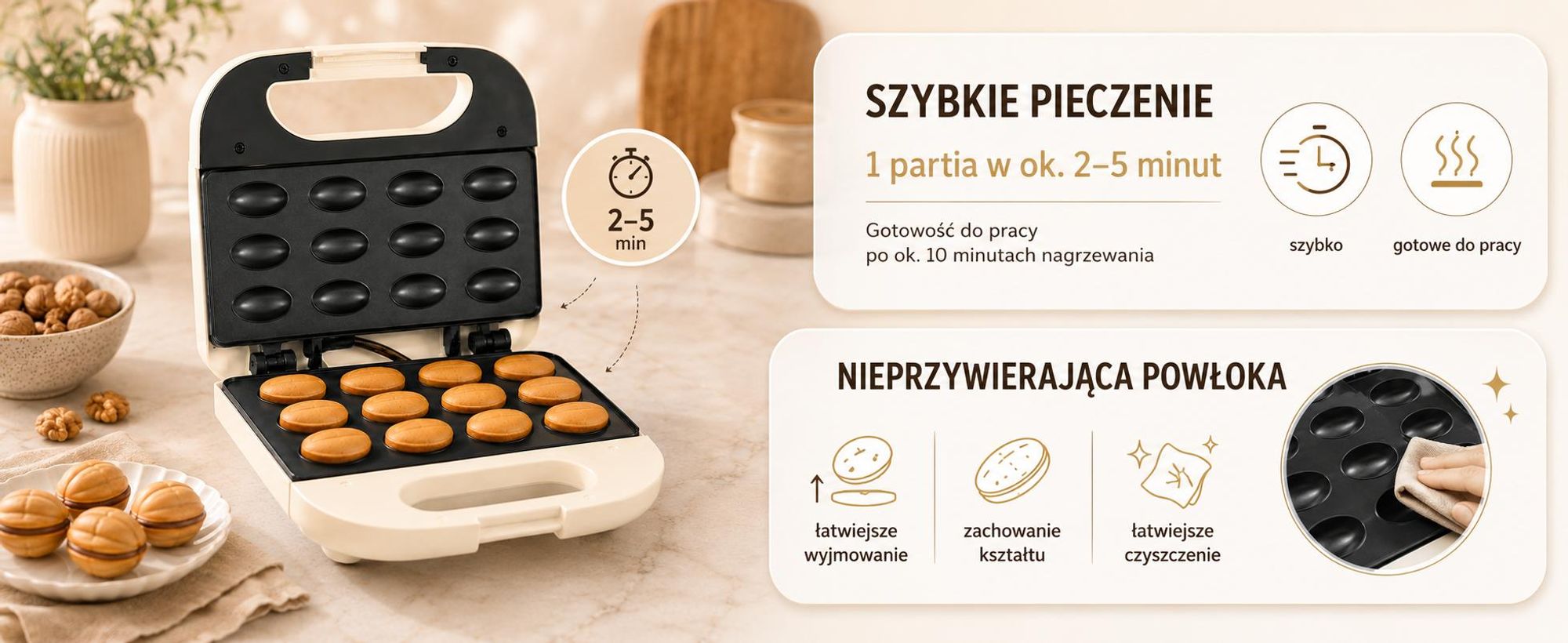 Opiekacz Do Orzeszków Foremki Ciastek 750W 12 Połówek Nieprzywierający