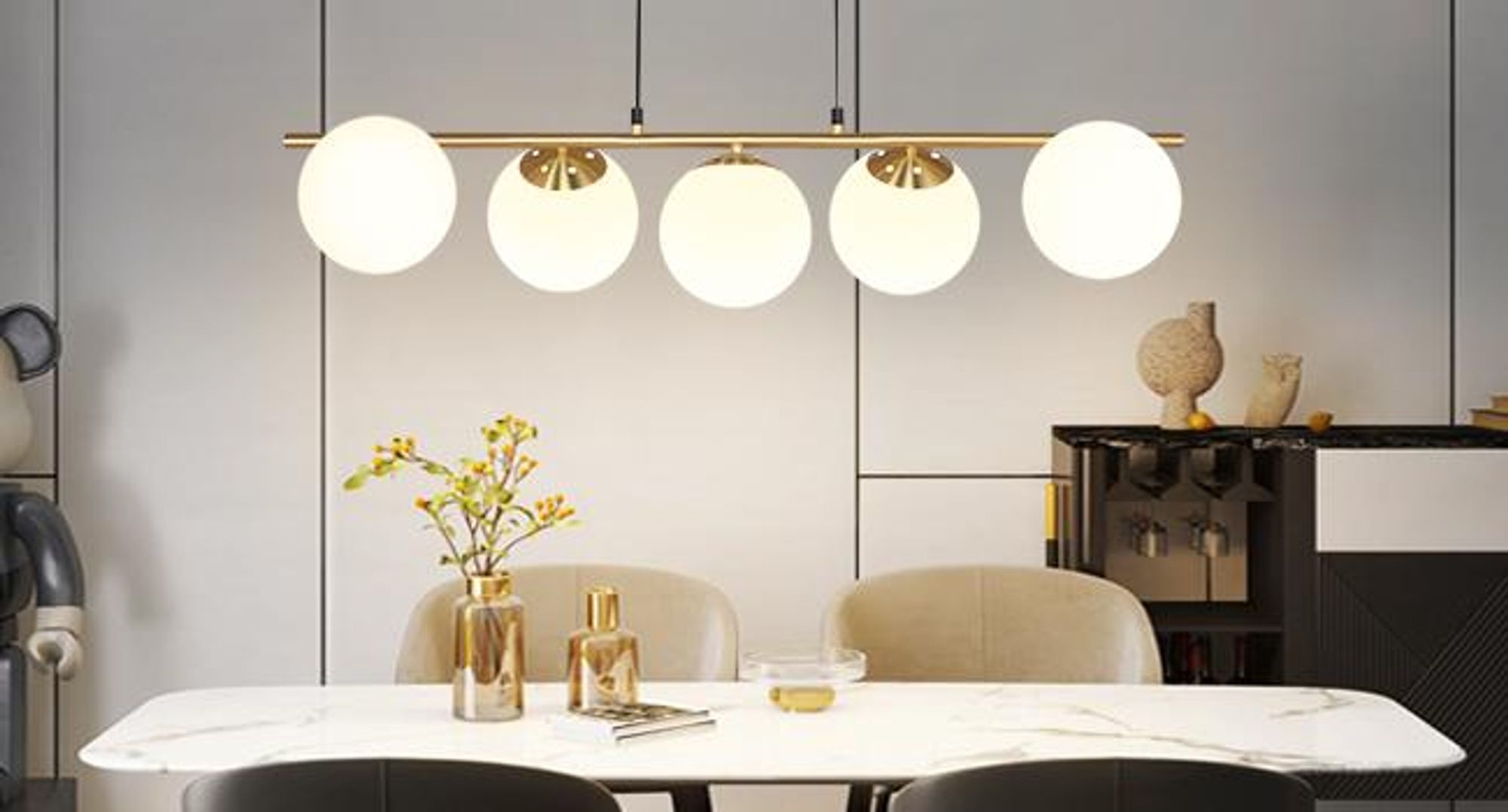 ZMH lampada a sospensione tavolo da pranzo vetro luce a sospensione oro lampada a sospensione E27 5 fiamme 150CM altezza regolabile creativo per sala da pranzo soggiorno bar contatore I senza lampadine