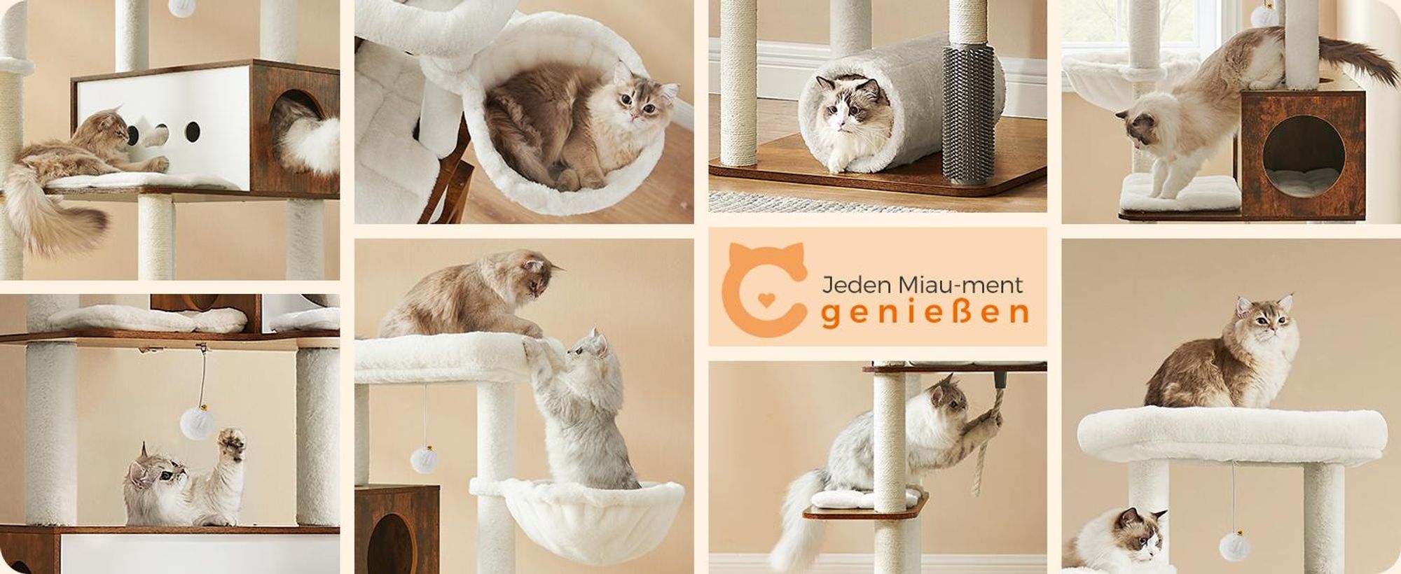 Feandrea Kratzbaum groß, 197cm, Katzenbaum XXL, modern, mehrstöckiges Katzenhaus, Katzenbürste, Tunnel vintagebraun