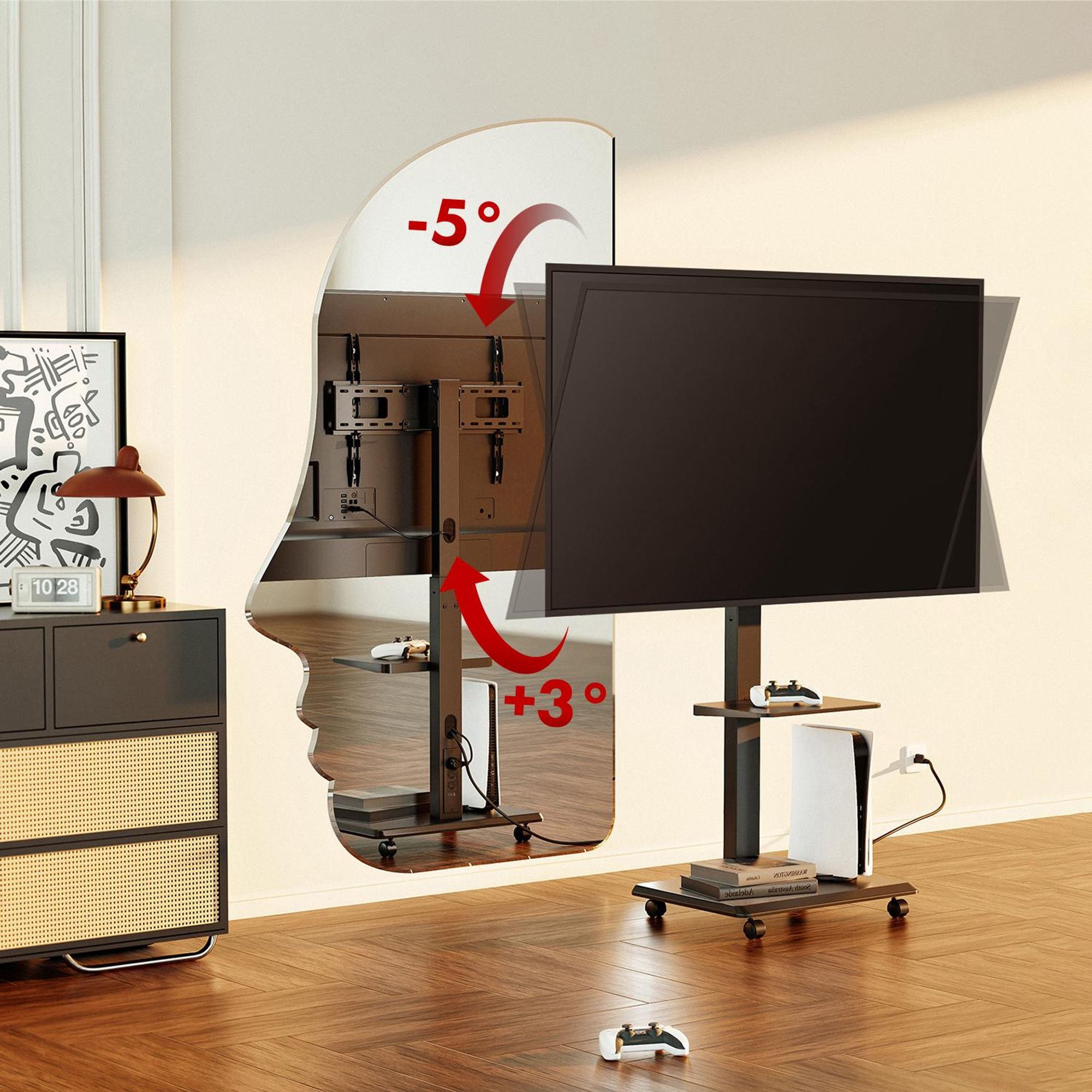 TV-Ständer / Wagen Ergo-Office Tragfähigkeit 50kg / 5kg Ablagefläche max. VESA 600x400 integrierte Steckdosenleiste schwarz ER-304 B